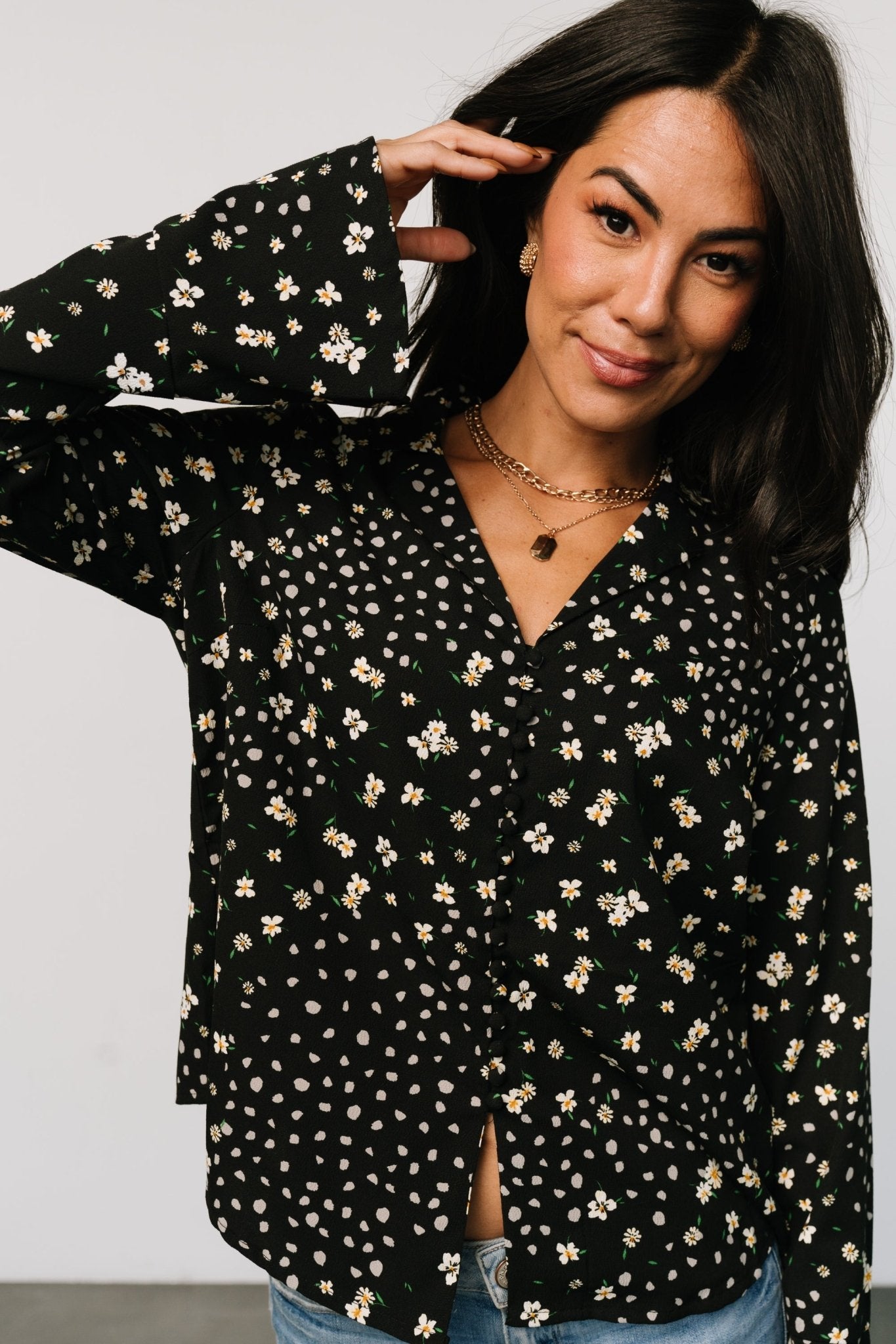 Thelma Button Blouse | Black Print Cheap Pice Discount Authentic