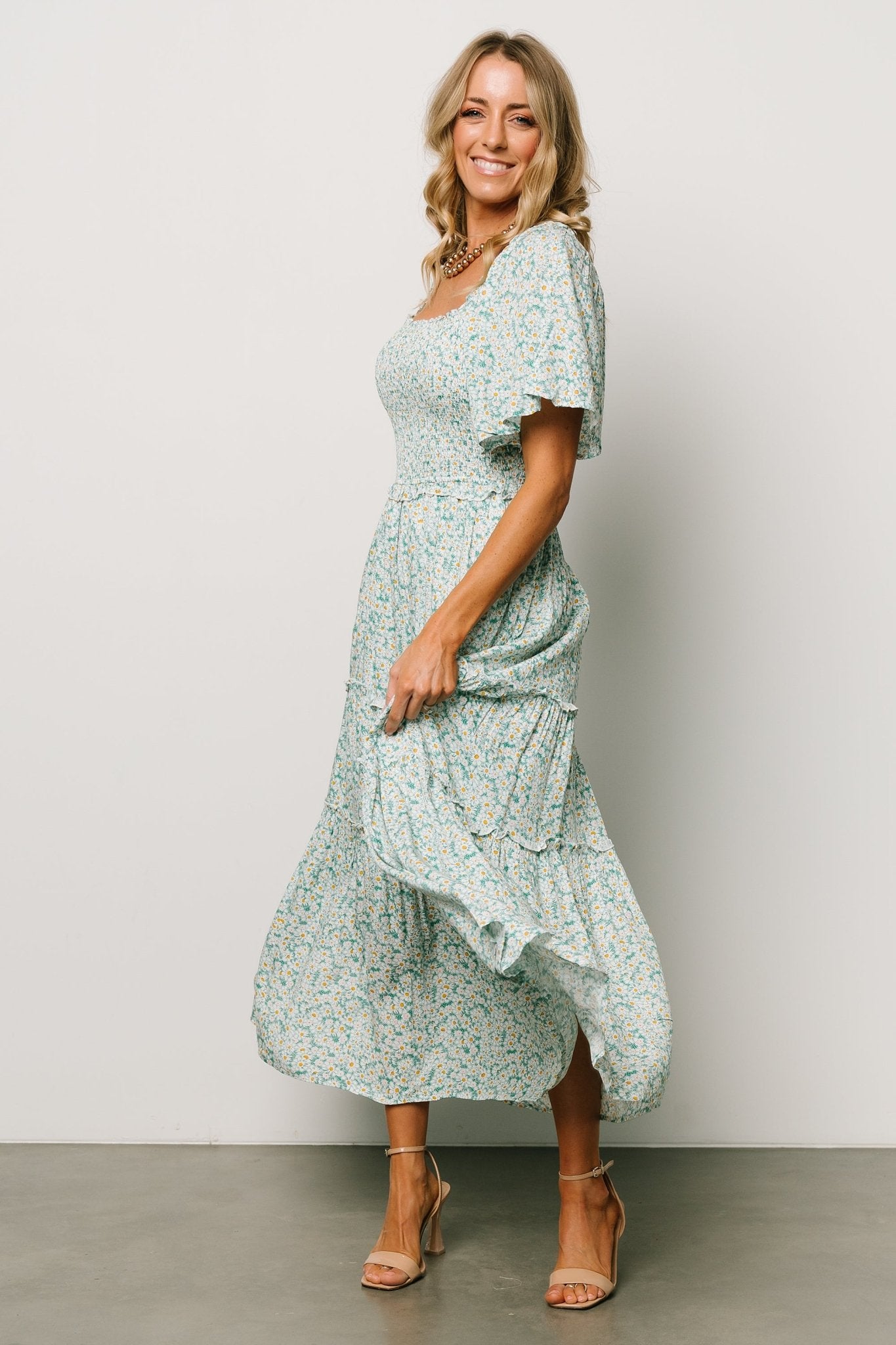 Regina Smocked Maxi Dress | Green Floral With Credit Card Cheap Pice