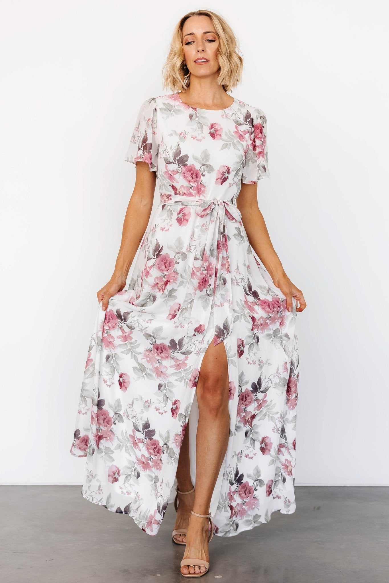 Naomi Short Sleeve Maxi Dress | Off White + Rose Floral Sale Best Sale