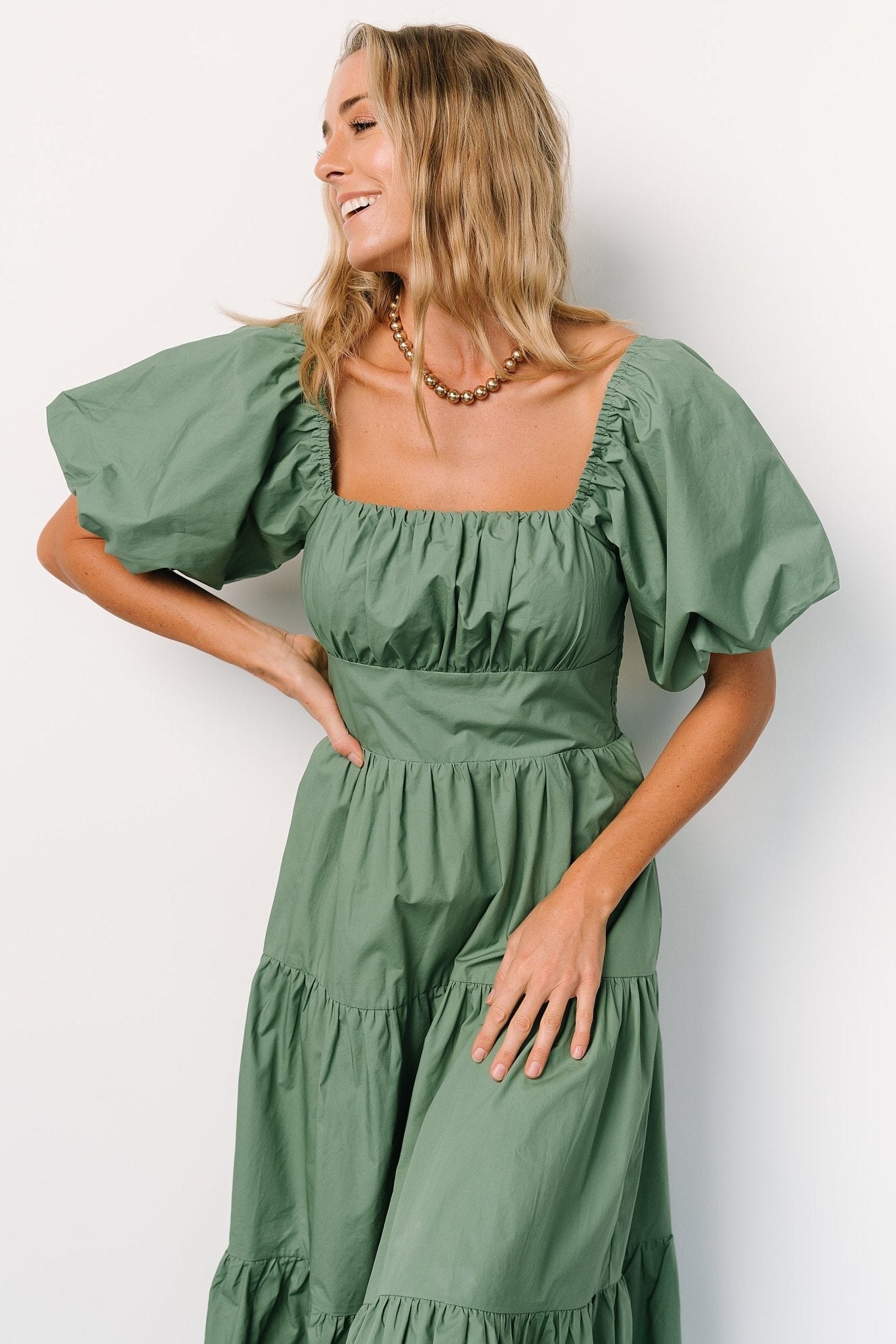 Cindy Puff Sleeve Tiered Dress | Dusty Green Genuine Cheap Pice