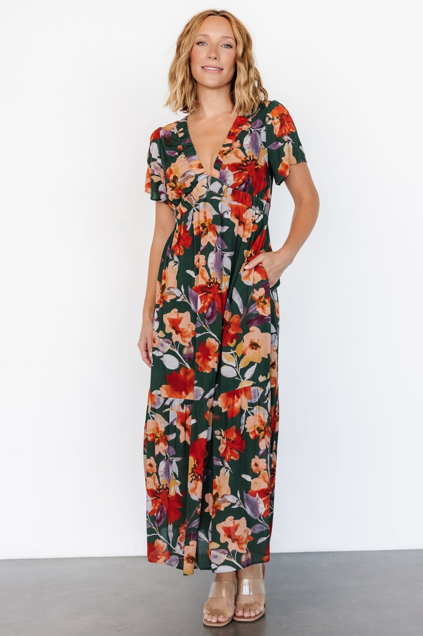 Cassie Short Sleeve Dress | Dark Green Floral Cheap Finishline