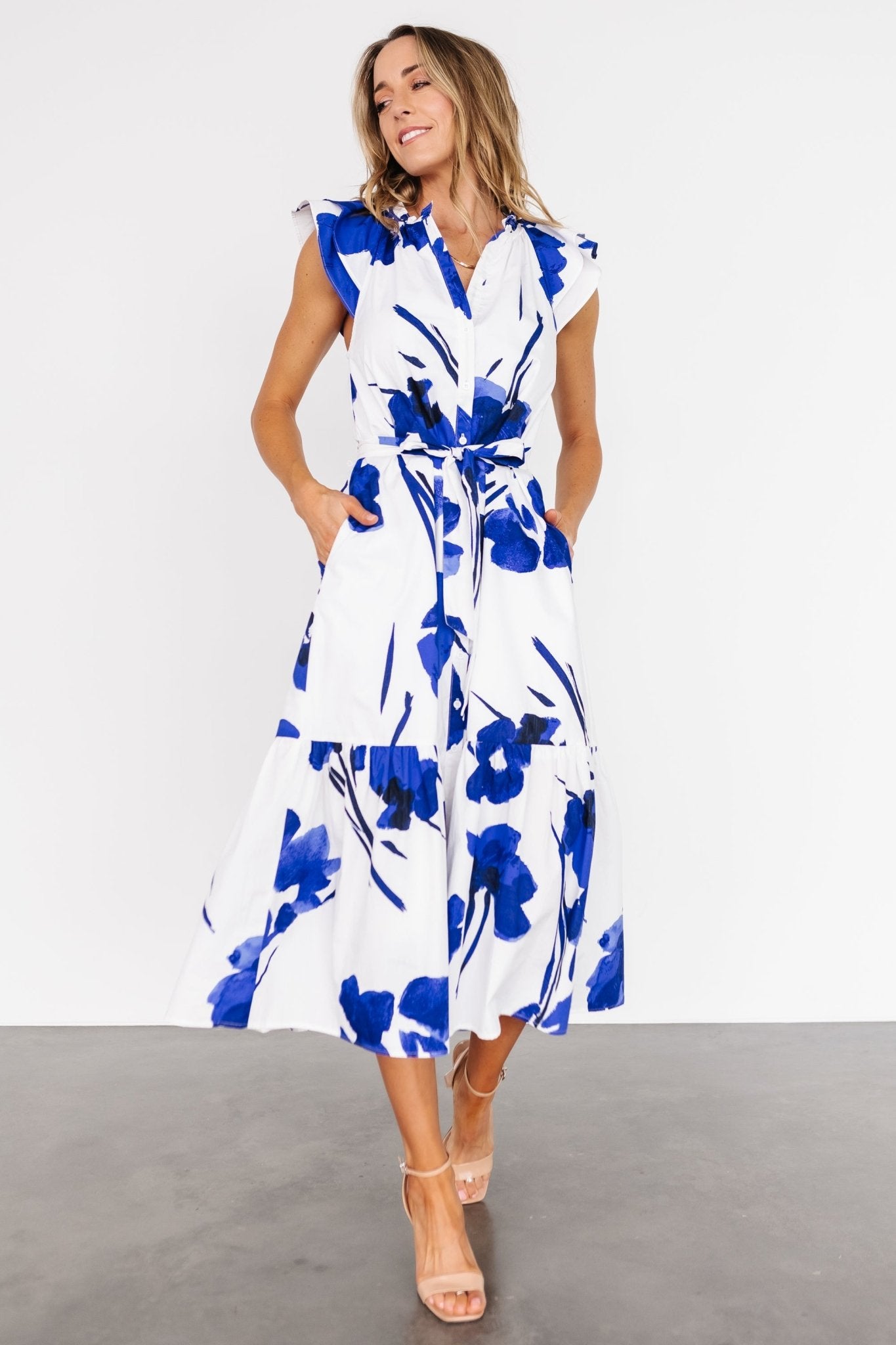 Blakely Button Dress | White + Cobalt Best Wholesale For Sale