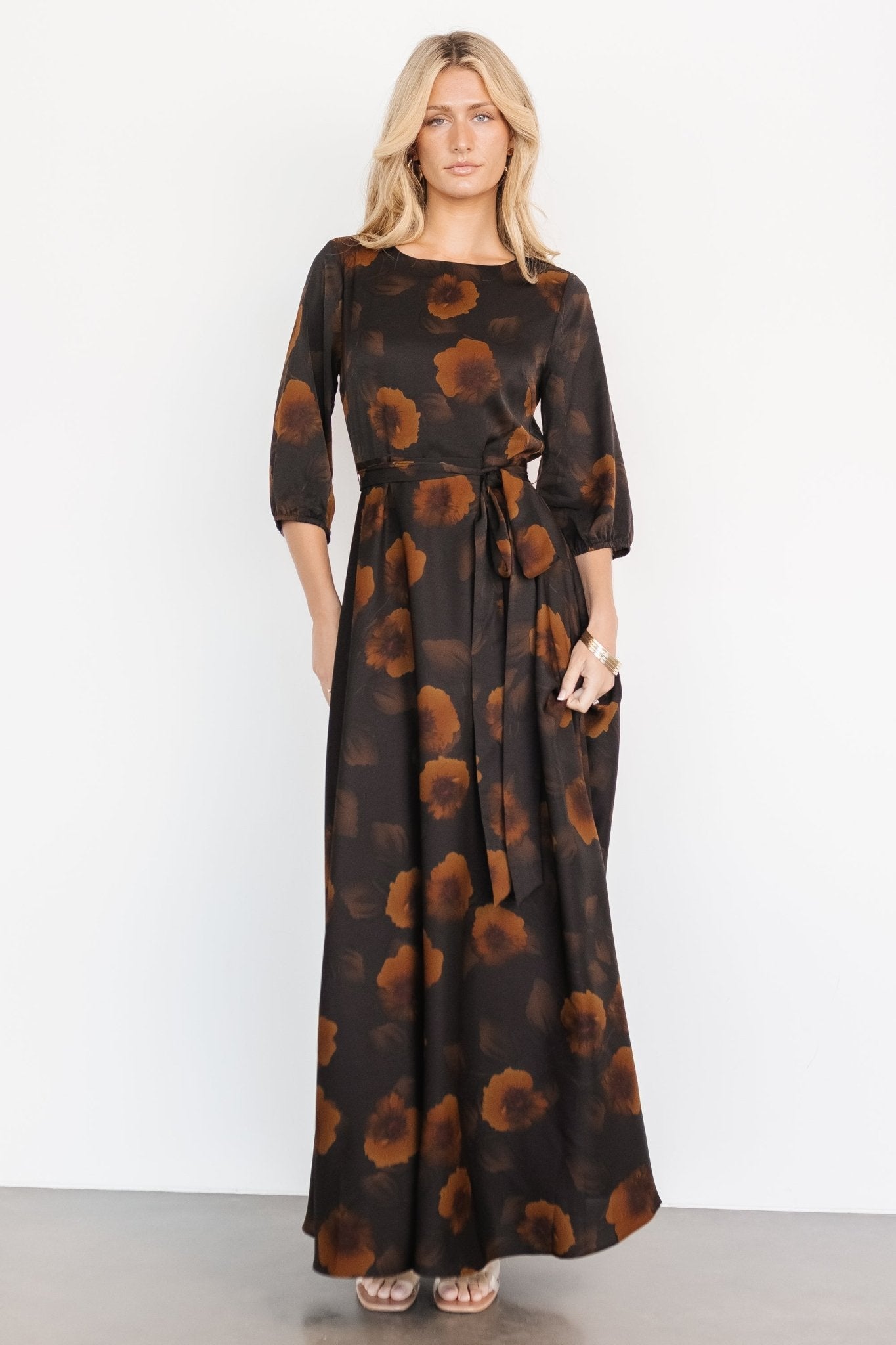 Paula Satin Maxi Dress | Deep Brown Floral Get Authentic For Sale