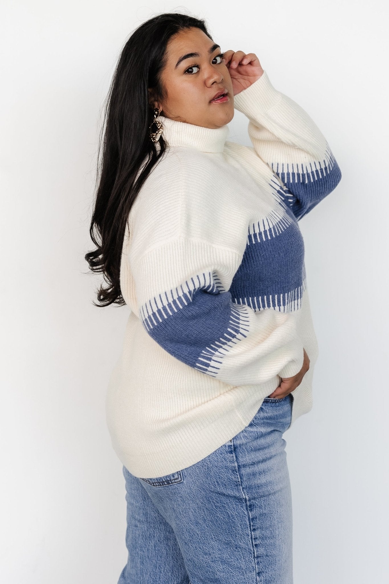 Antonov Turtle Neck Sweater | Blue + Cream Outlet Cheap Online