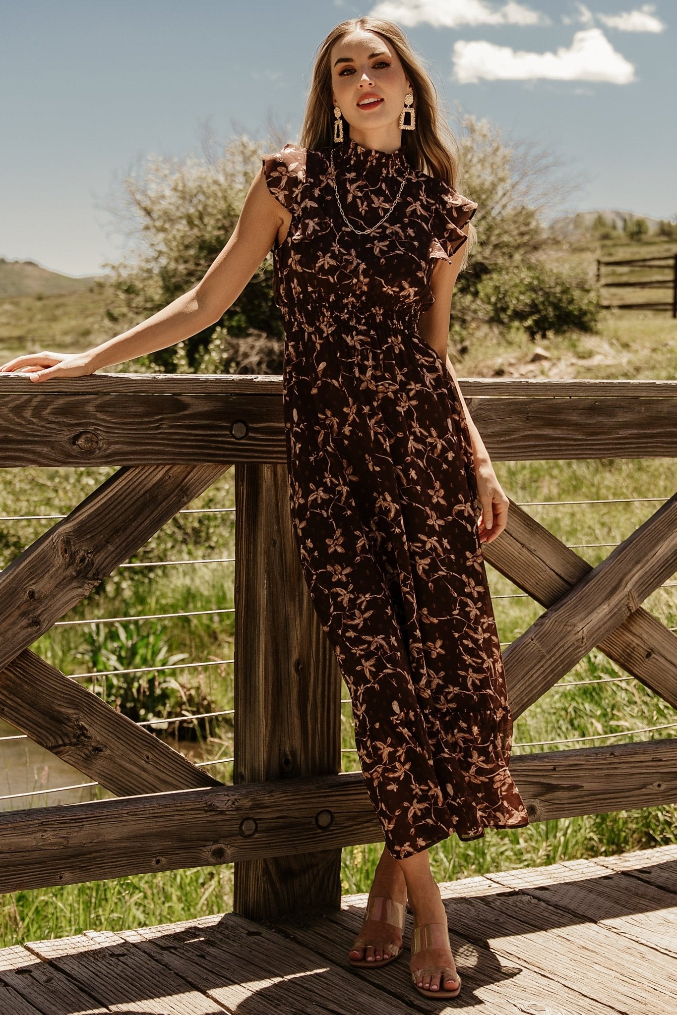 Kearny Ruffle Maxi Dress | Brown + Natural Discount Wholesale