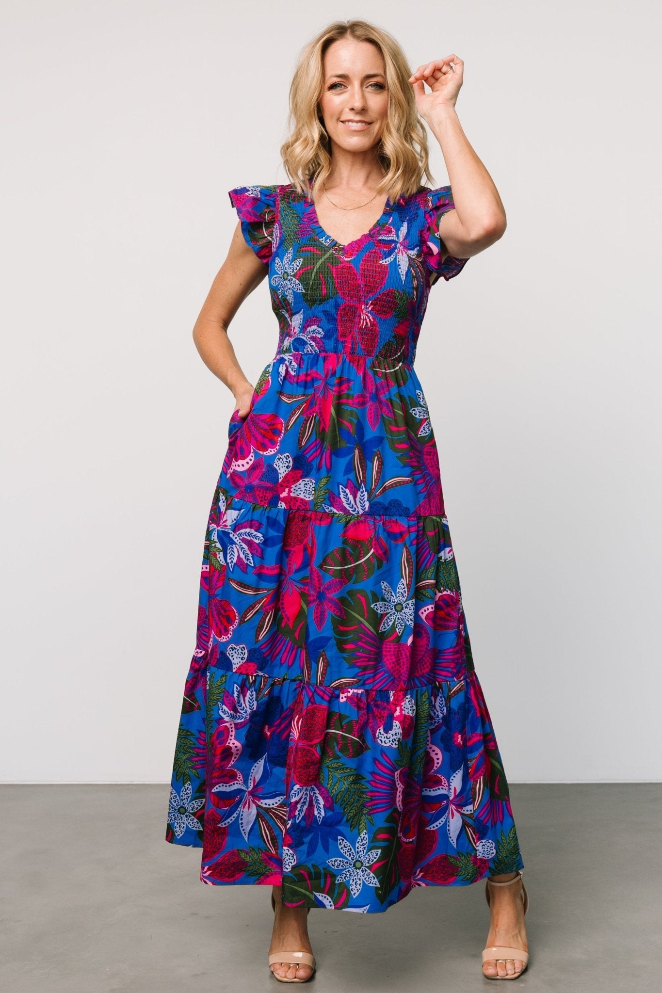 Ranchero Smocked Maxi Dress | Cobalt + Fuchsia Print Cheapest Pice Cheap Online