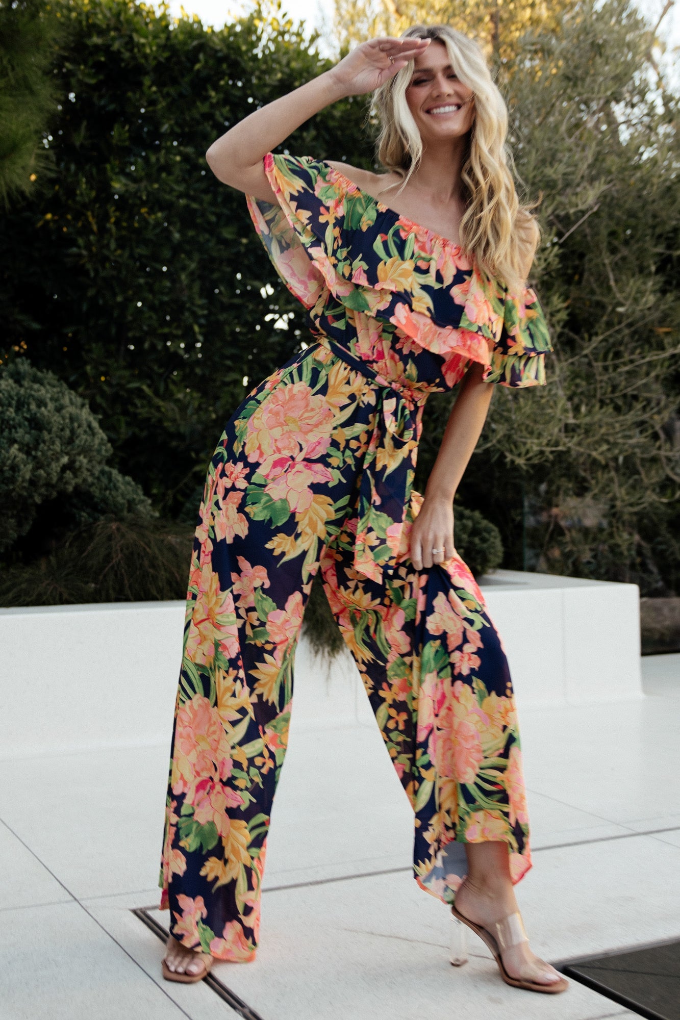 Capistrano Ruffle Jumpsuit | Navy Floral Outlet Huge Surprise