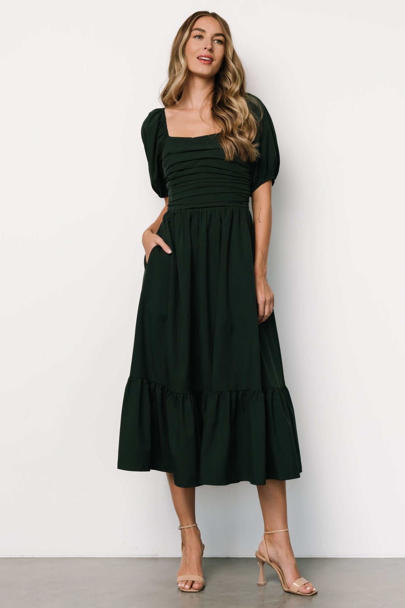 Andrea Pleated Midi Dress | Forest Green Outlet Get To Buy