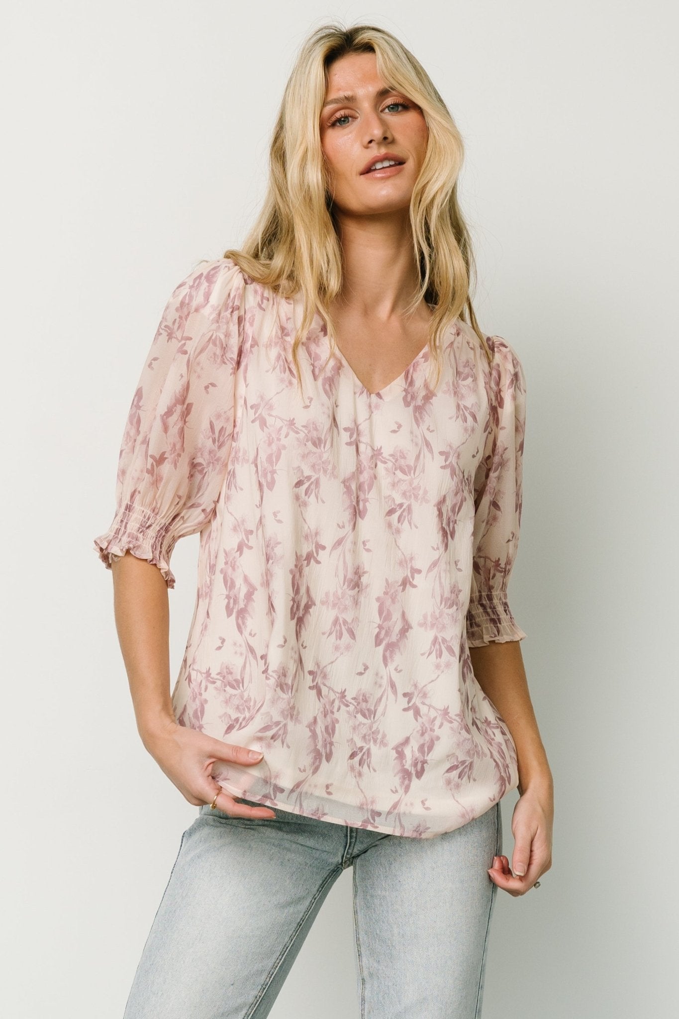 Cordova Top | Beige + Mauve Floral Discount Manchester