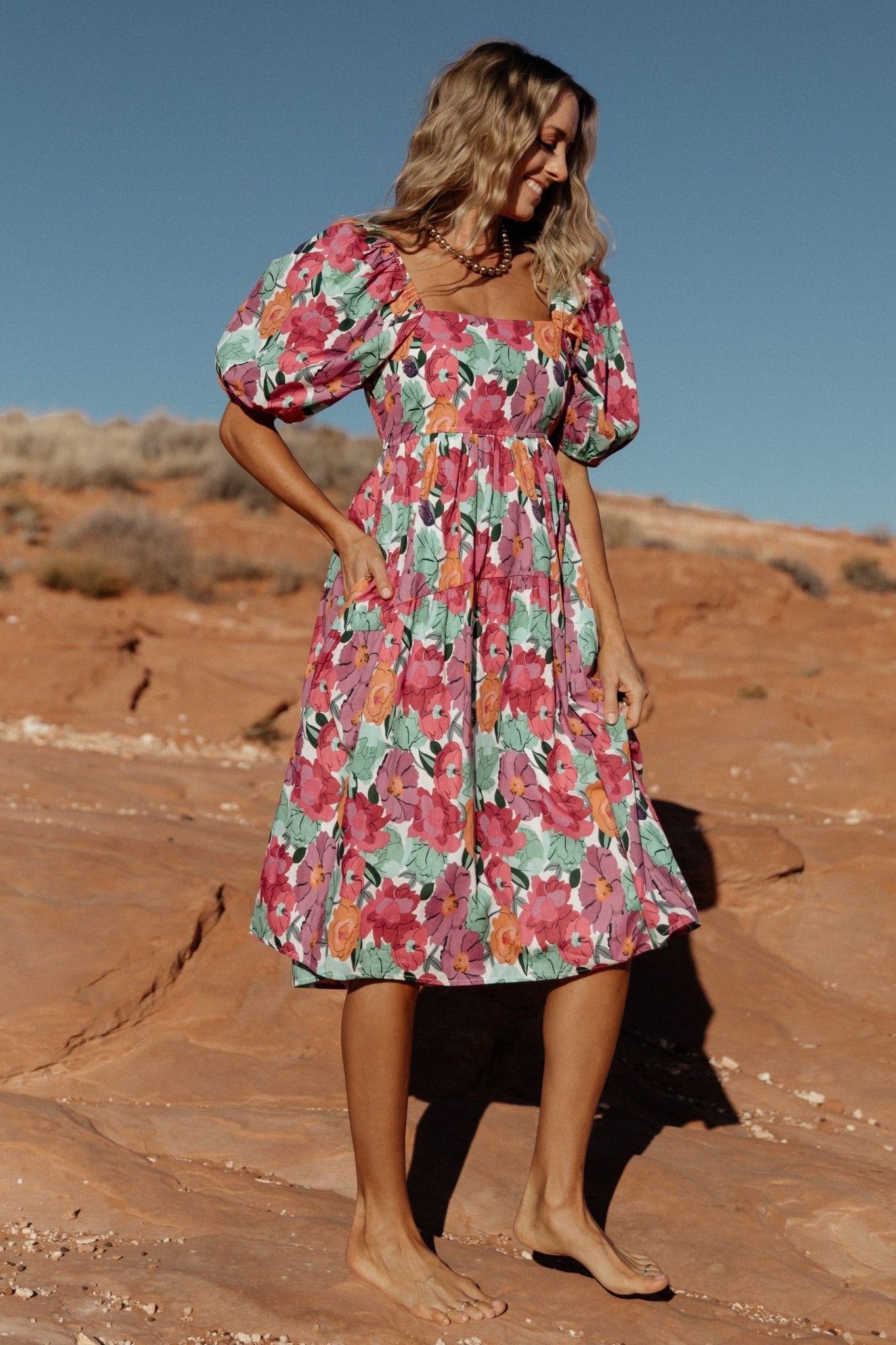 Aimee Puff Sleeve Midi Dress | Pink Multi Cheap Browse