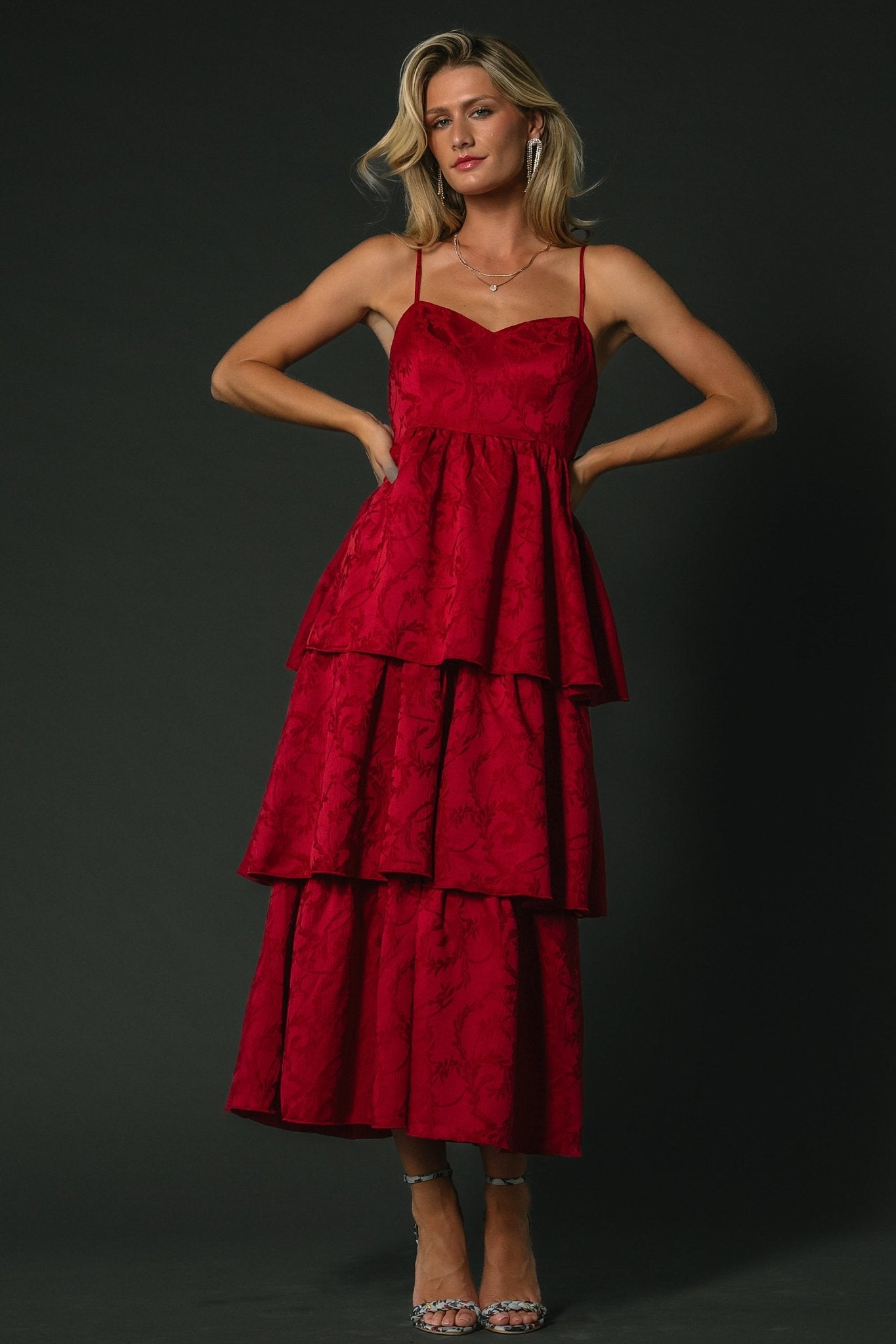 Violetta Embossed Tiered Dress | Deep Red Manchester For Sale