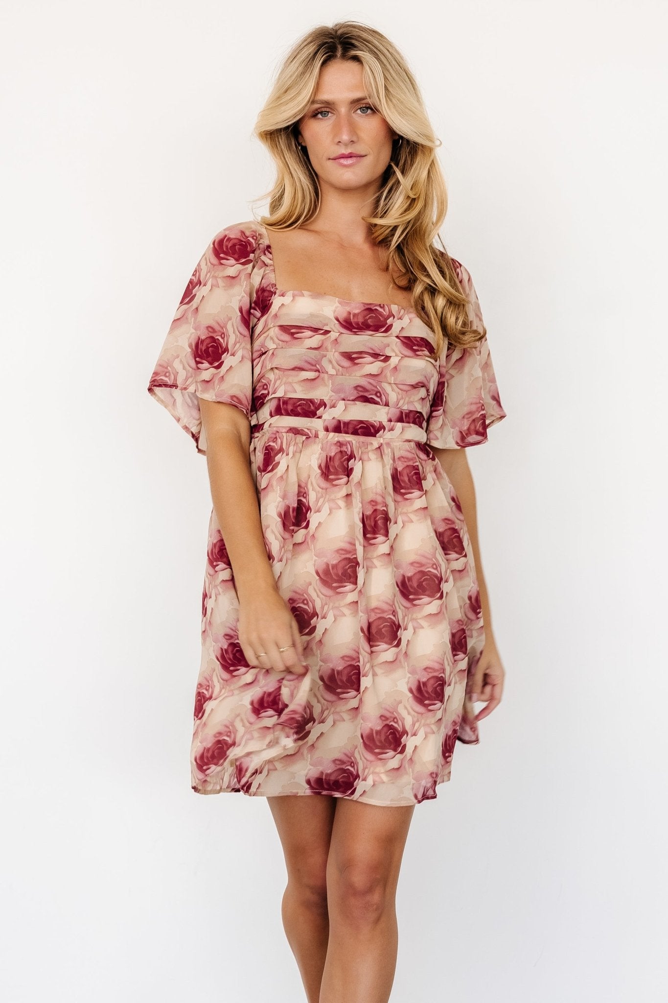 Jaycee Pleated Short Dress | Cream + Burgundy Floral Cheap Pice From China