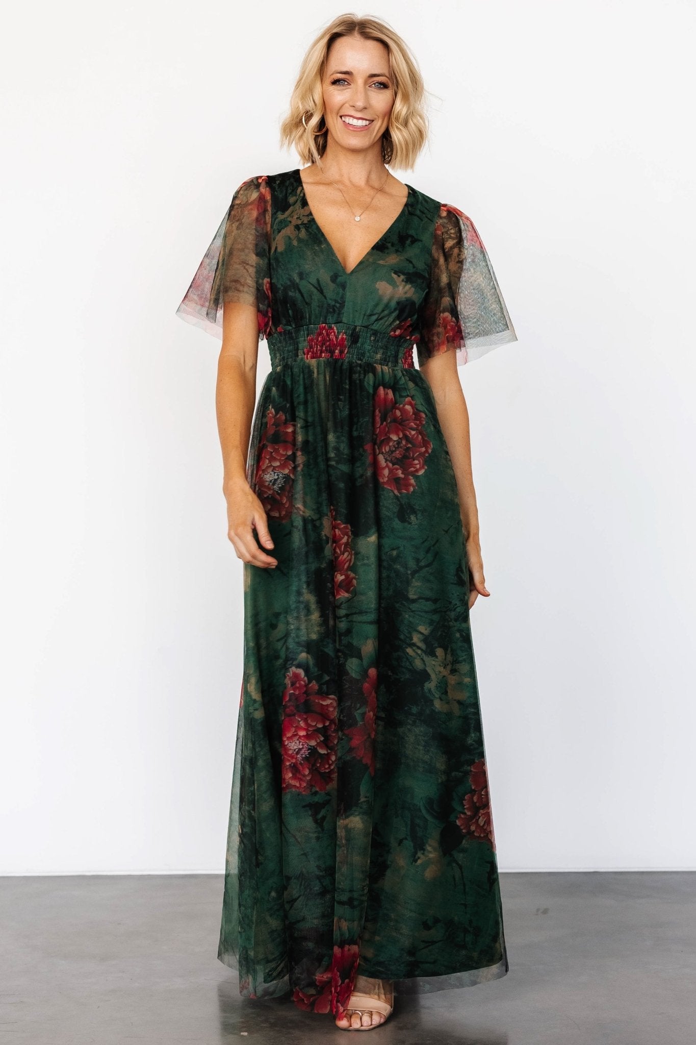 Cressida Tulle Maxi Dress | Dark Green + Red Floral Affordable Online