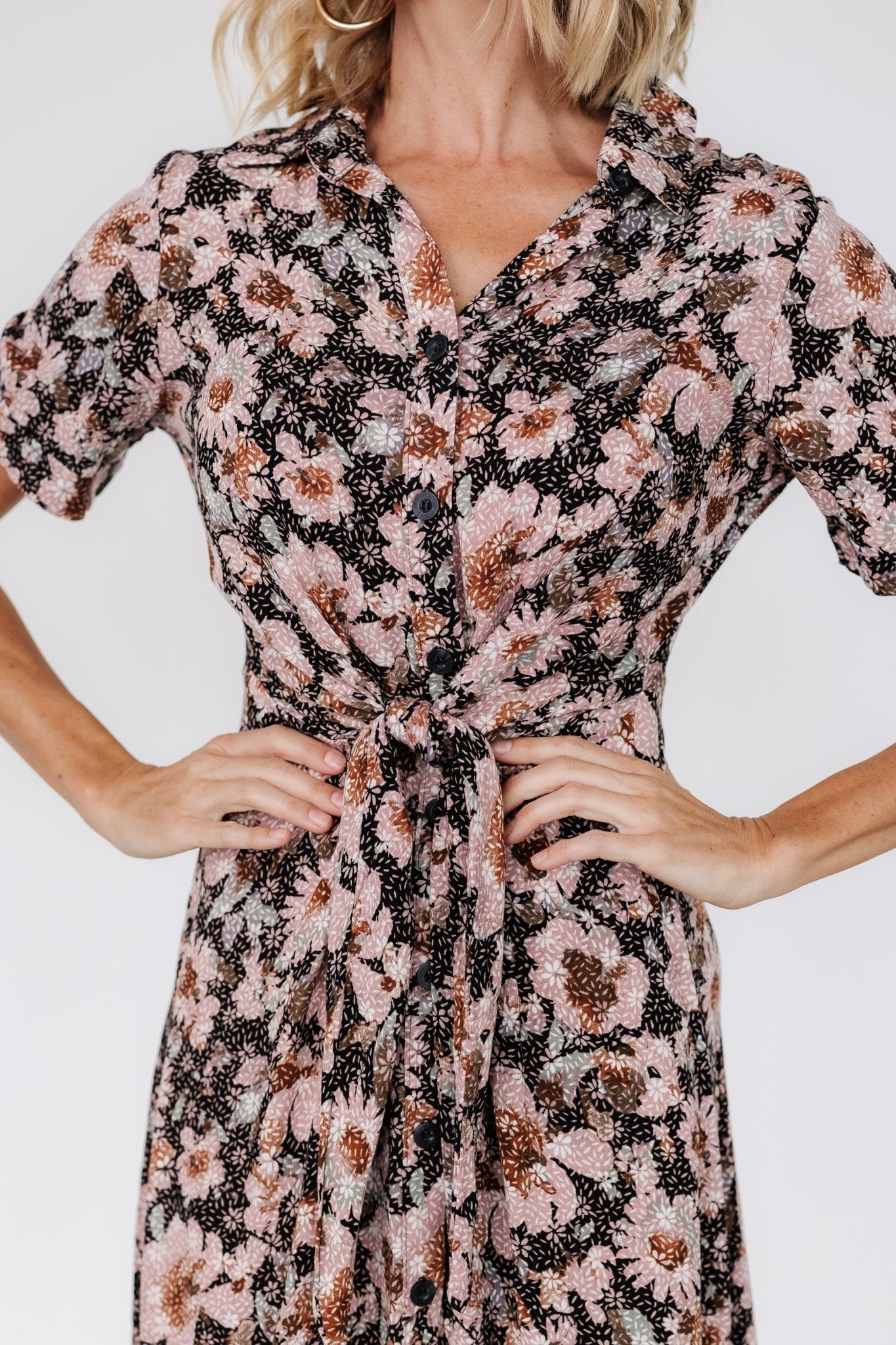 Feya Button Midi Dress | Black + Mauve Floral Free Shipping Manchester Great Sale