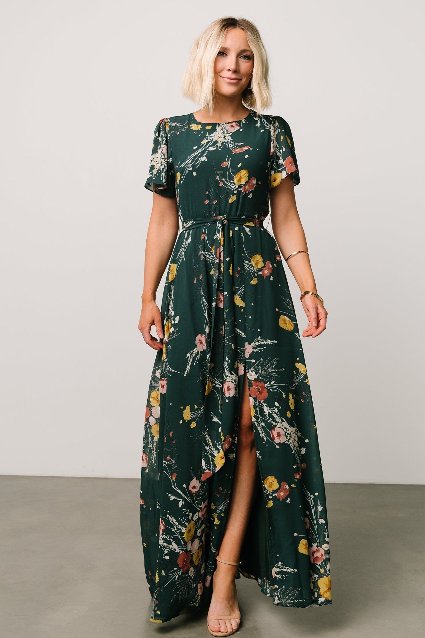 Naomi Short Sleeve Maxi Dress | Dark Green Floral Best Sale For Sale