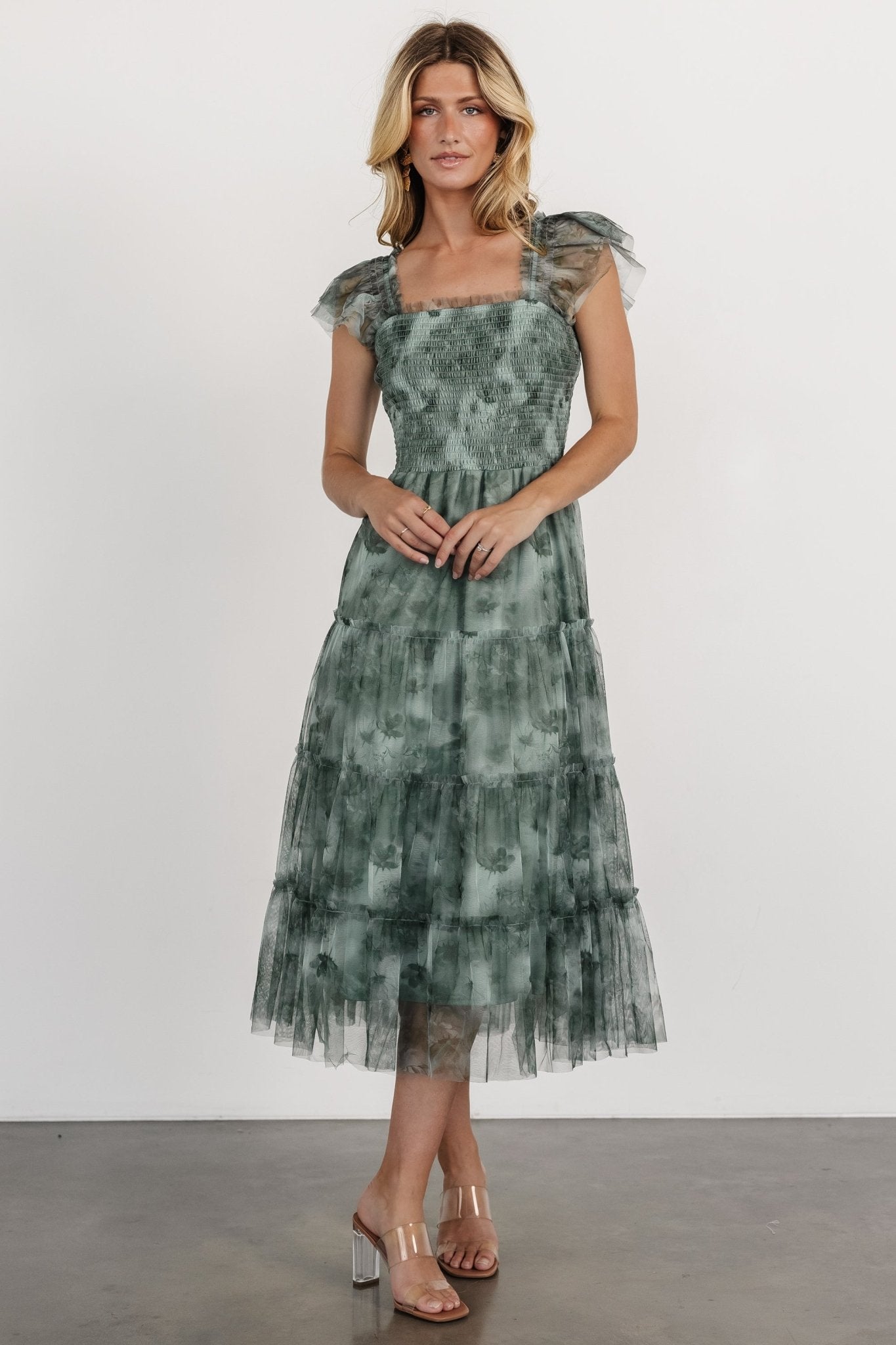 Clementine Tulle Midi Dress | Dusty Green Print Cheap Pice Wholesale Pice