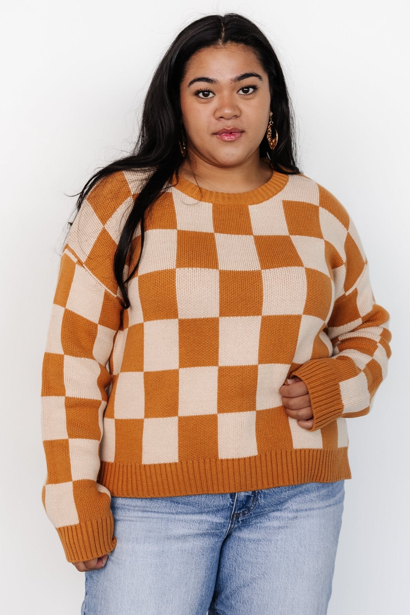 Quincy Checkered Sweater | Pumpkin Spice Get To Buy For Sale