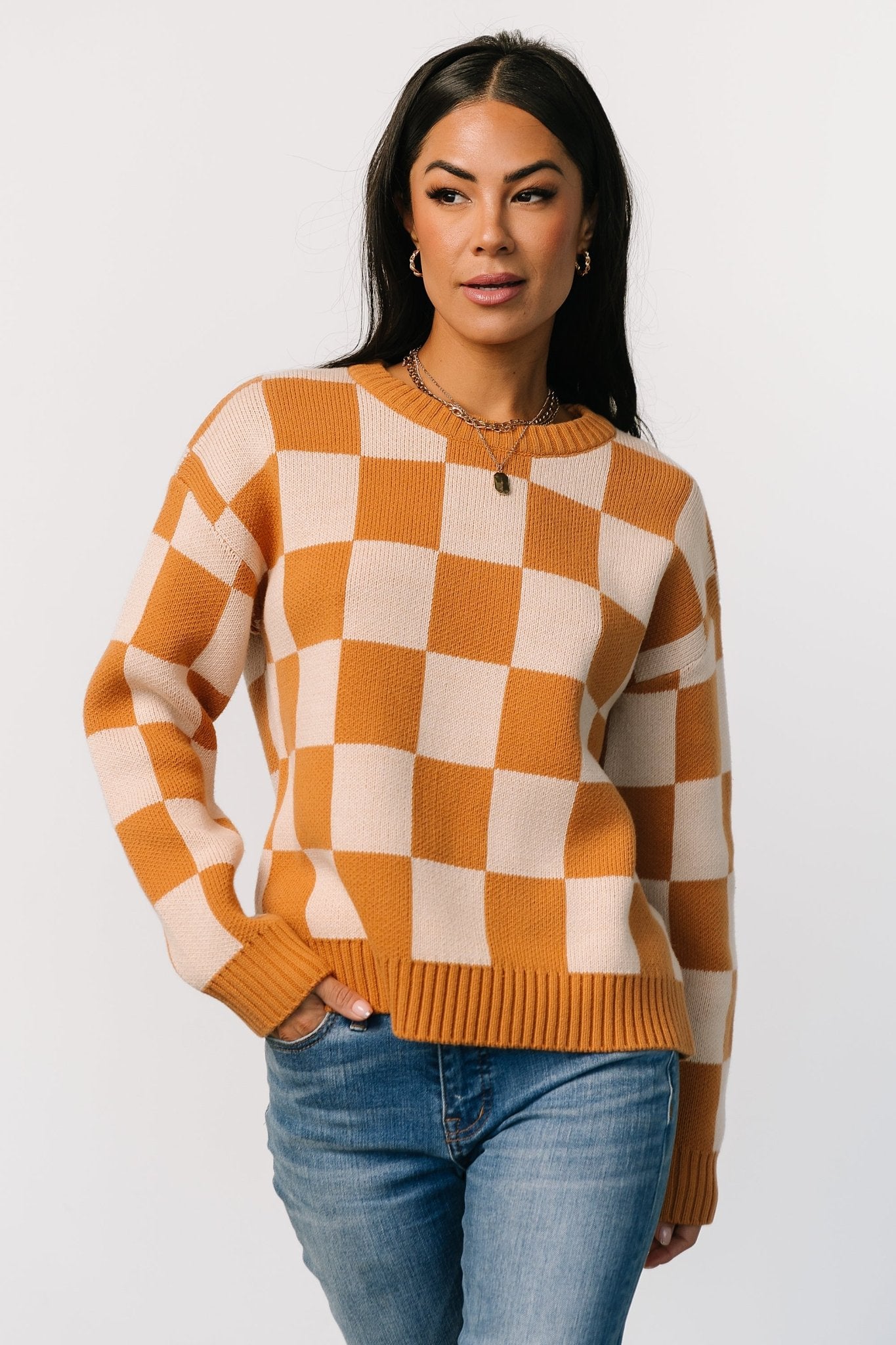 Quincy Checkered Sweater | Pumpkin Spice Get To Buy For Sale