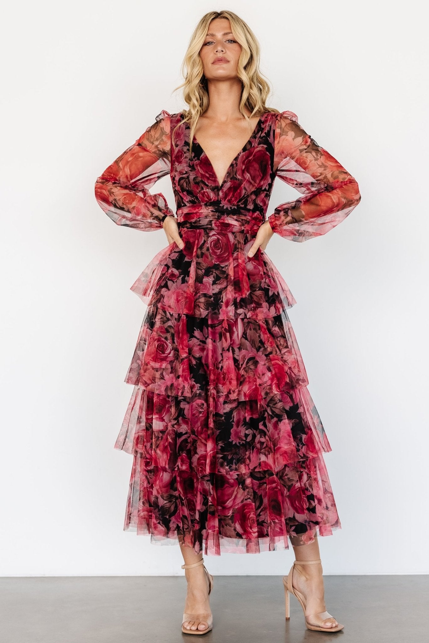 Carolina Tulle Tiered Maxi Dress | Red + Black Floral Sale Outlet