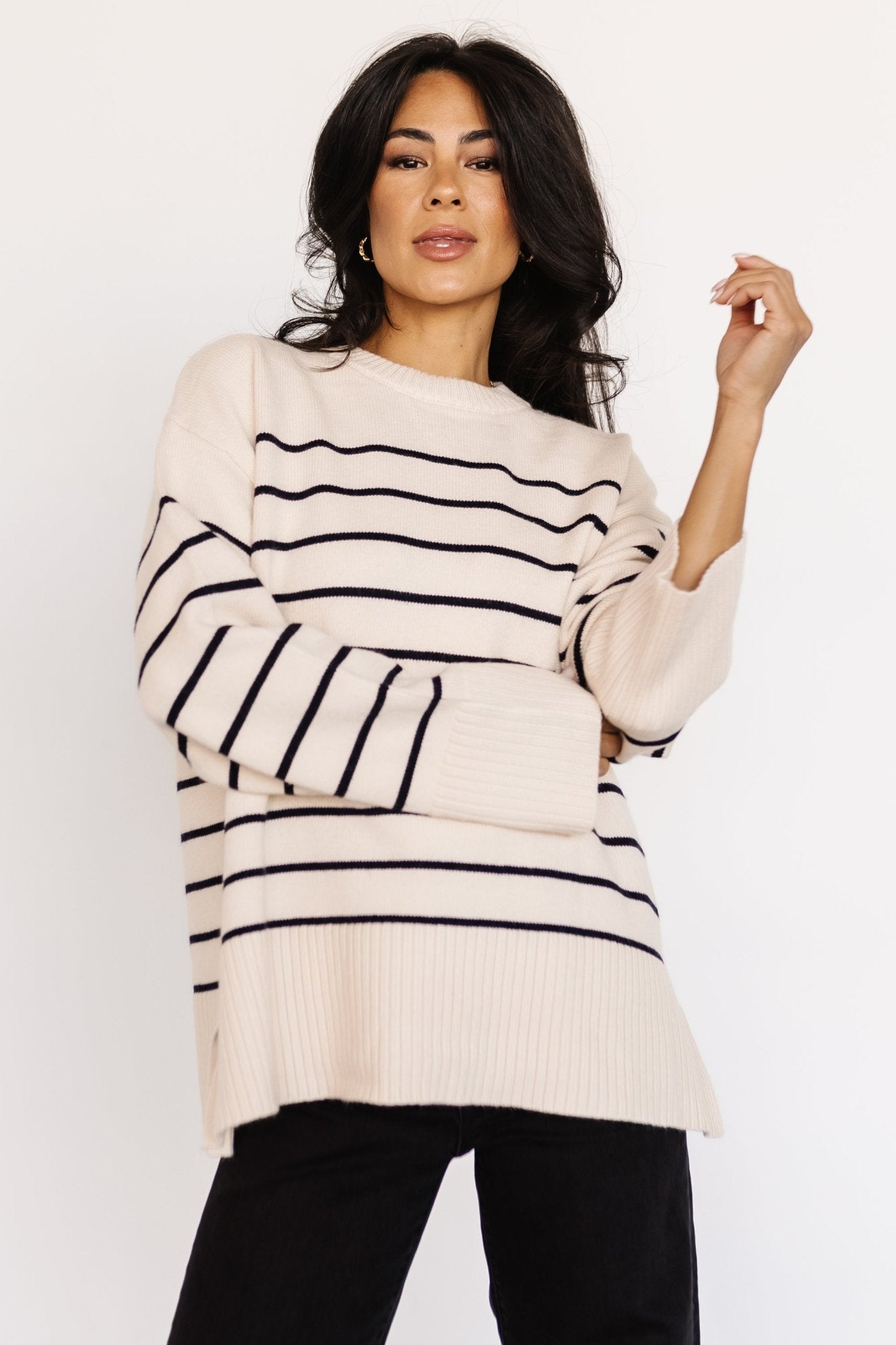 Emerson Stripe Knit Sweater | Ivory + Black Free Shipping 2025