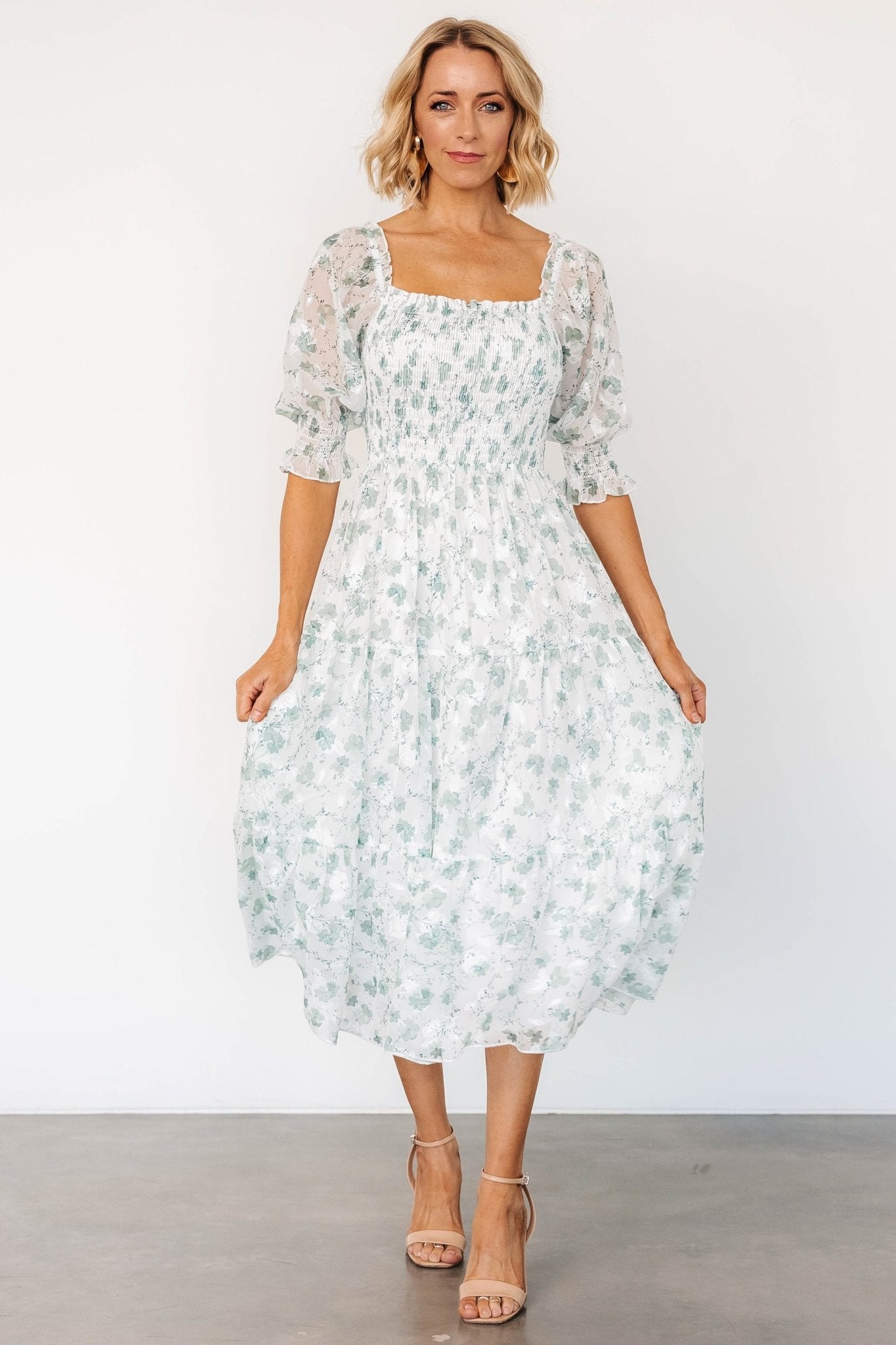 Fabian Jacquard Midi Dress | Off White + Sage Floral Best Place To Buy