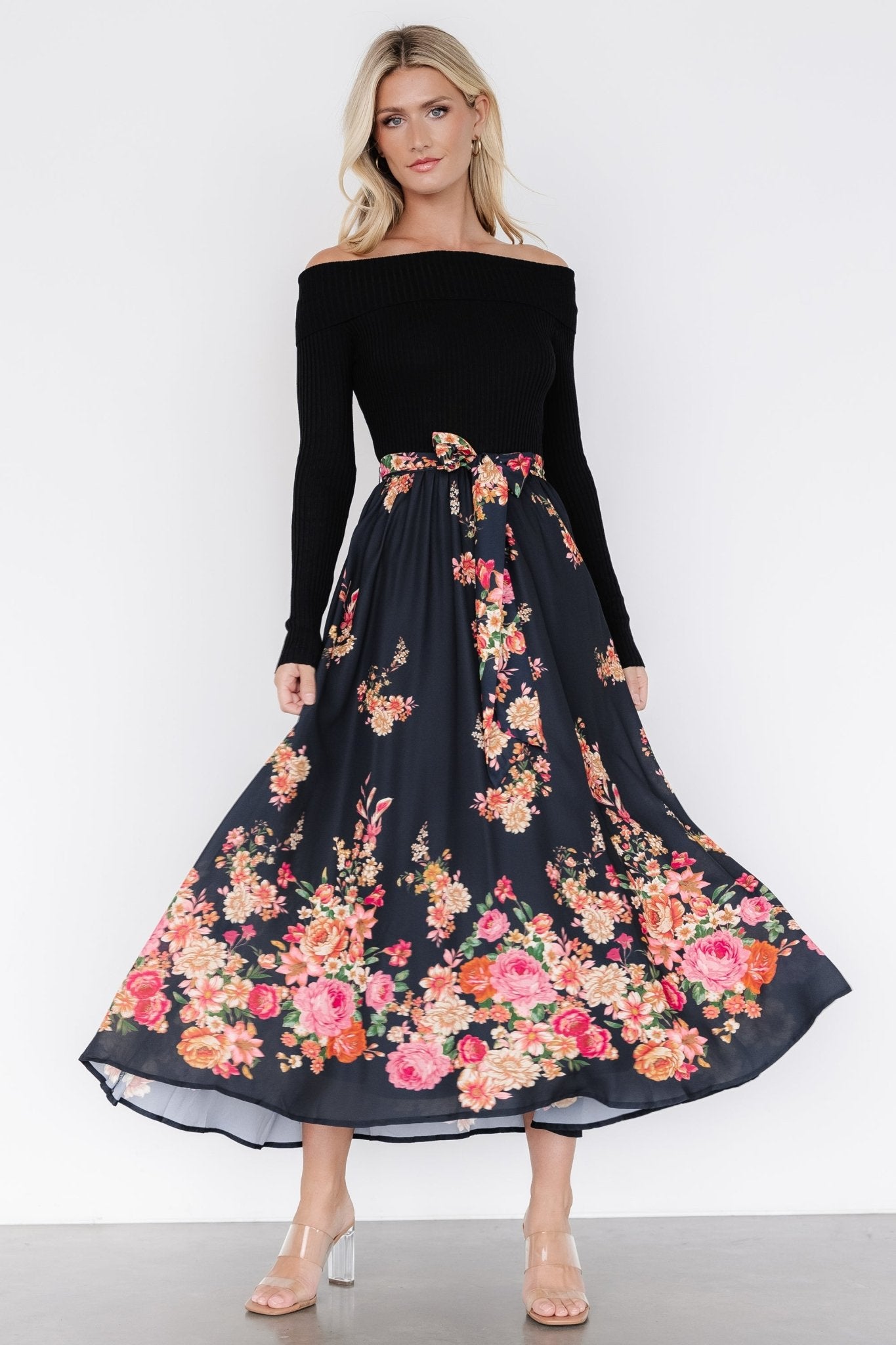 Qadira Off Shoulder Dress | Black + Multi Floral Comfortable