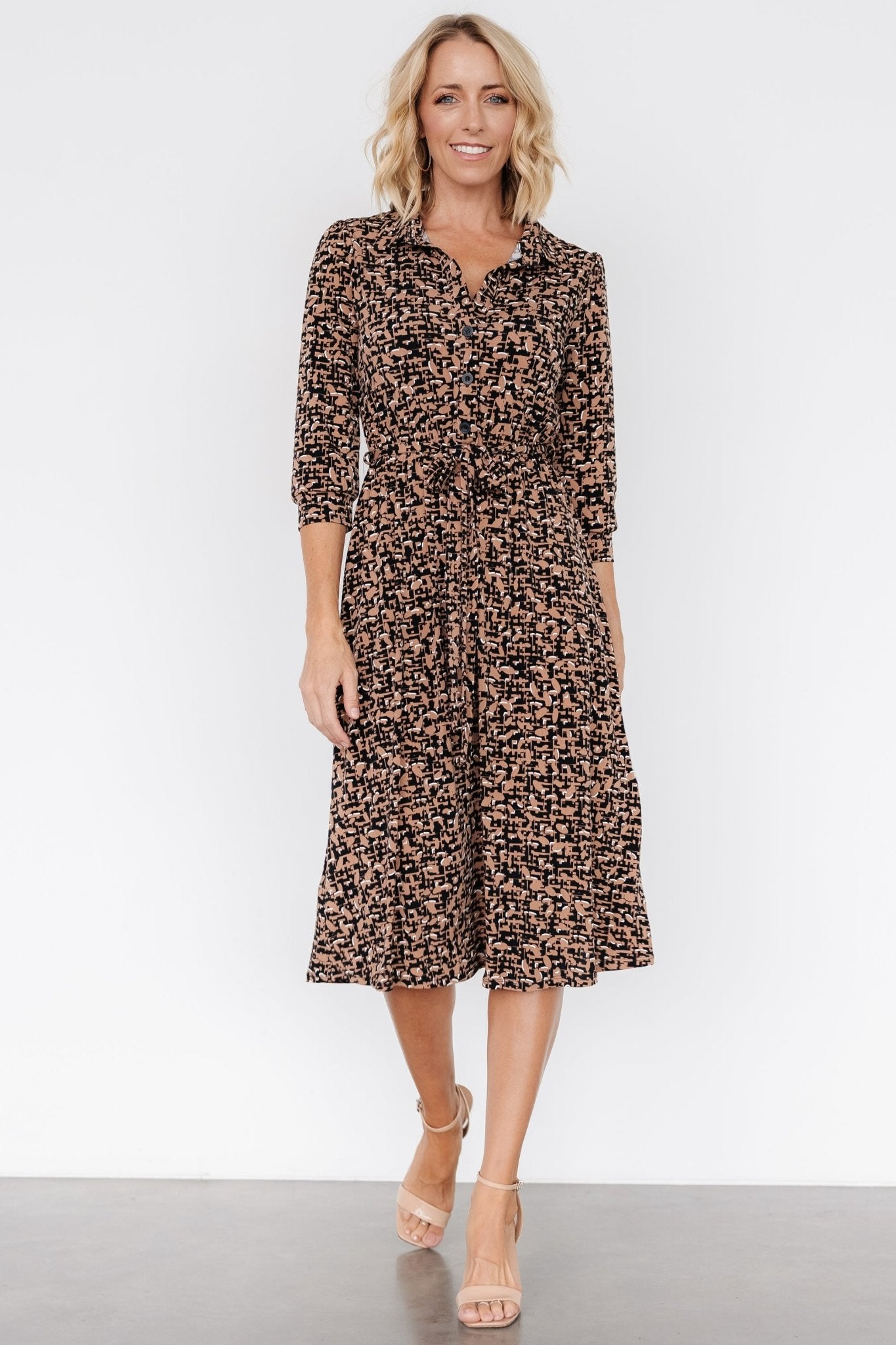 Jenica Midi Dress | Black + Camel Print Buy Cheap Big Discount