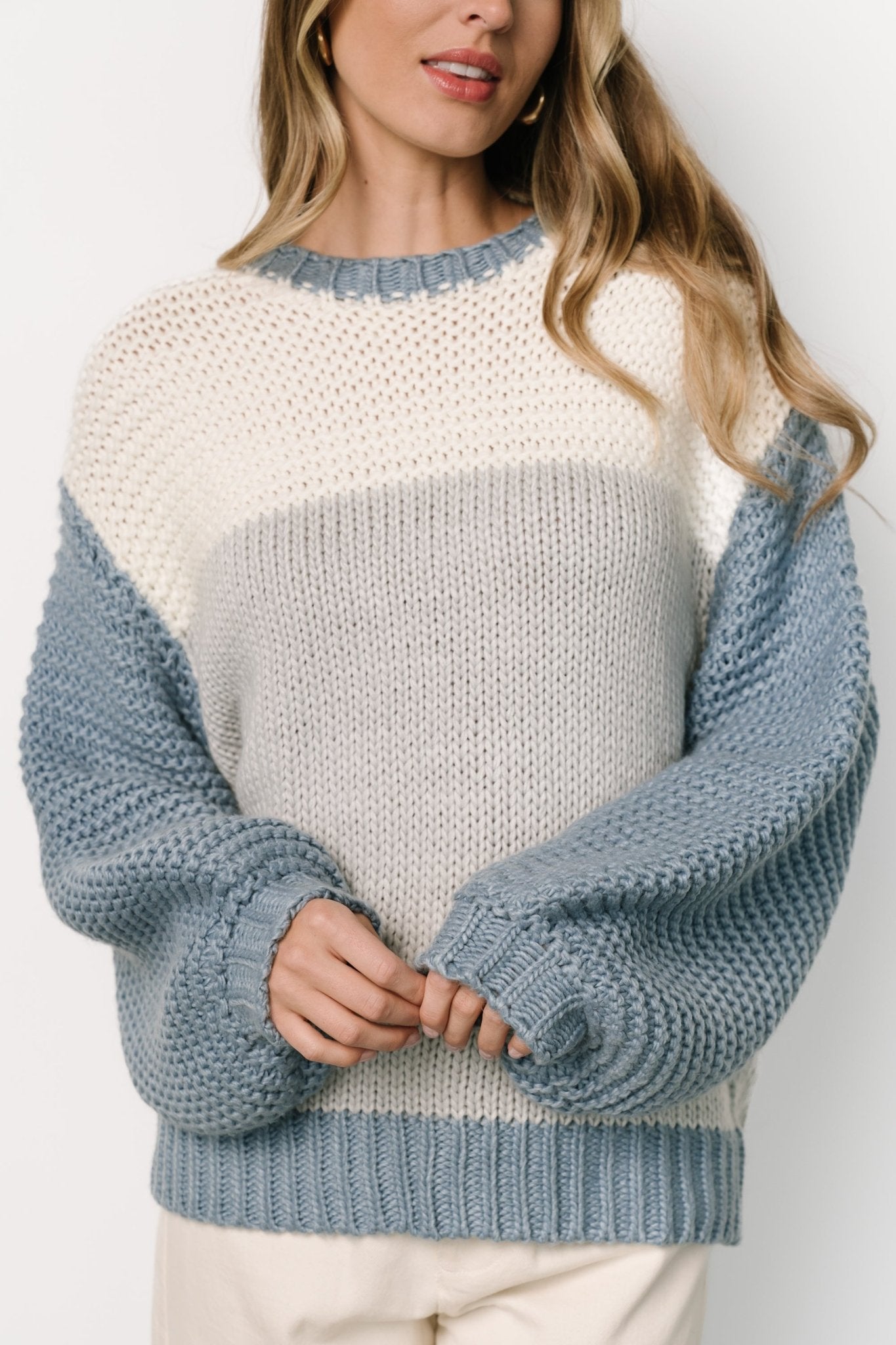 Hygge Chunky Knit Sweater | Blue + Cream Sale Cheap Online