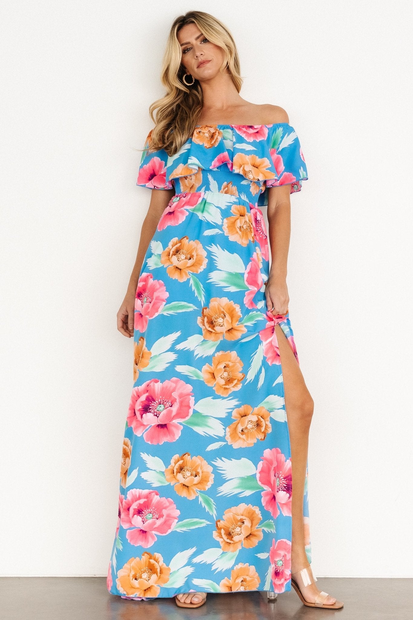 Talia Off Shoulder Maxi Dress | Sea Blue Floral Outlet Finishline