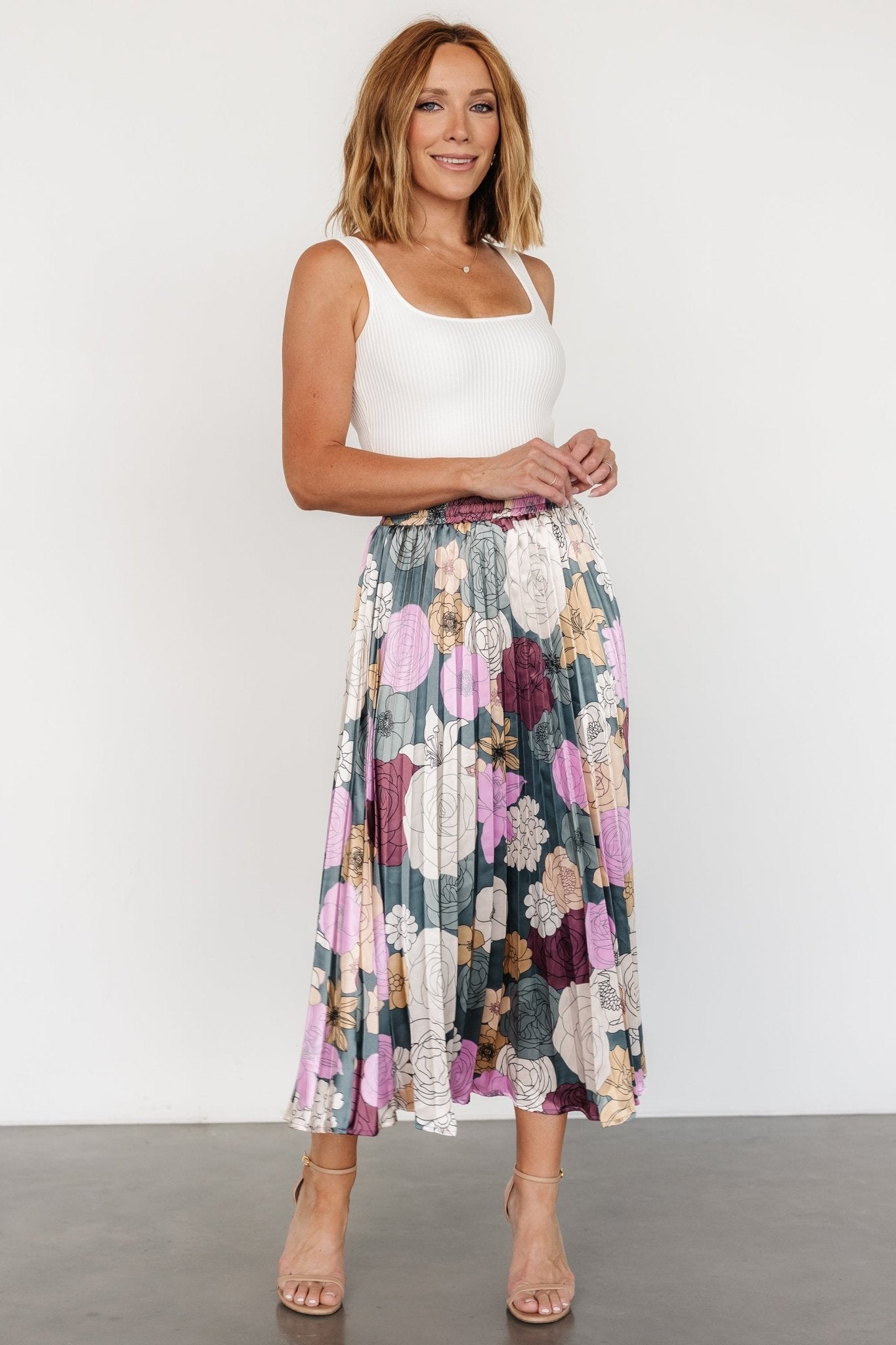 Cori Pleated Skirt | Vintage Teal Floral Outlet Best Seller