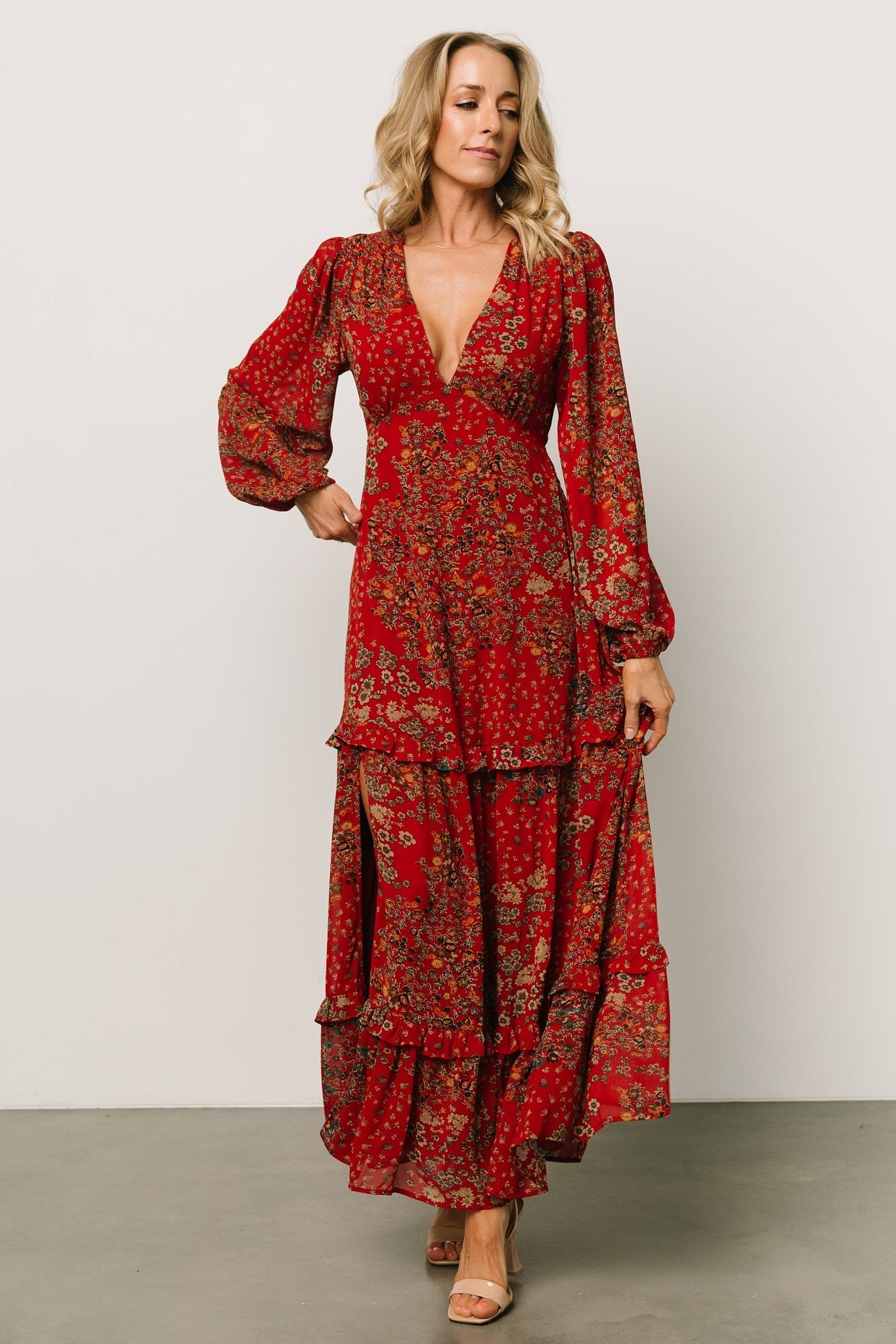 Bowman Deep V Maxi Dress | Red Multi Outlet Reliable