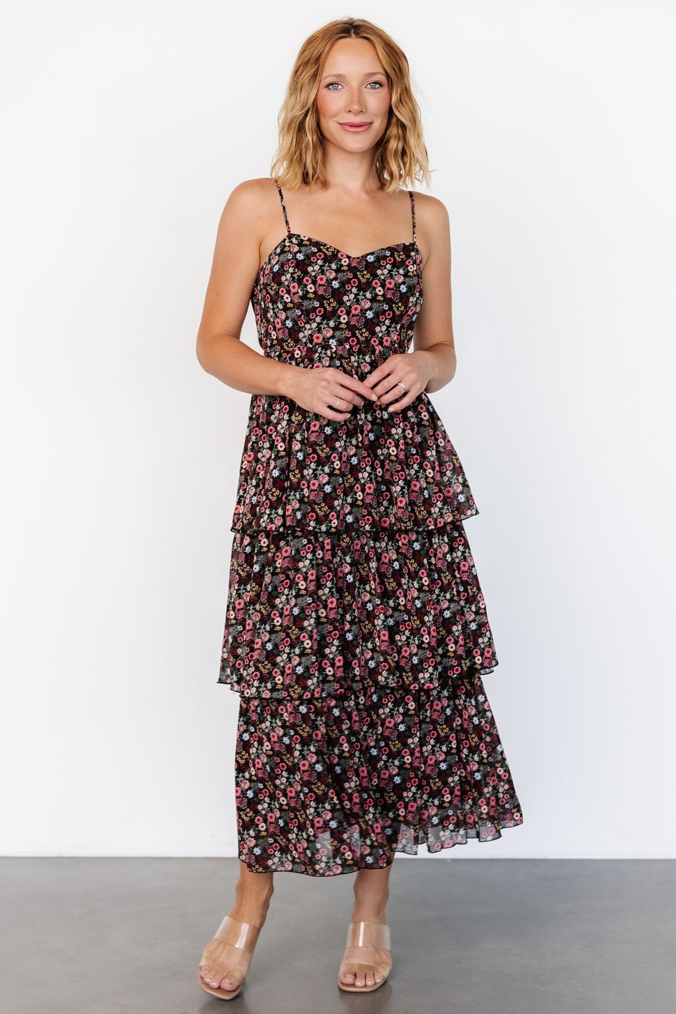 Caprice Tiered Dress | Black Floral Marketable For Sale