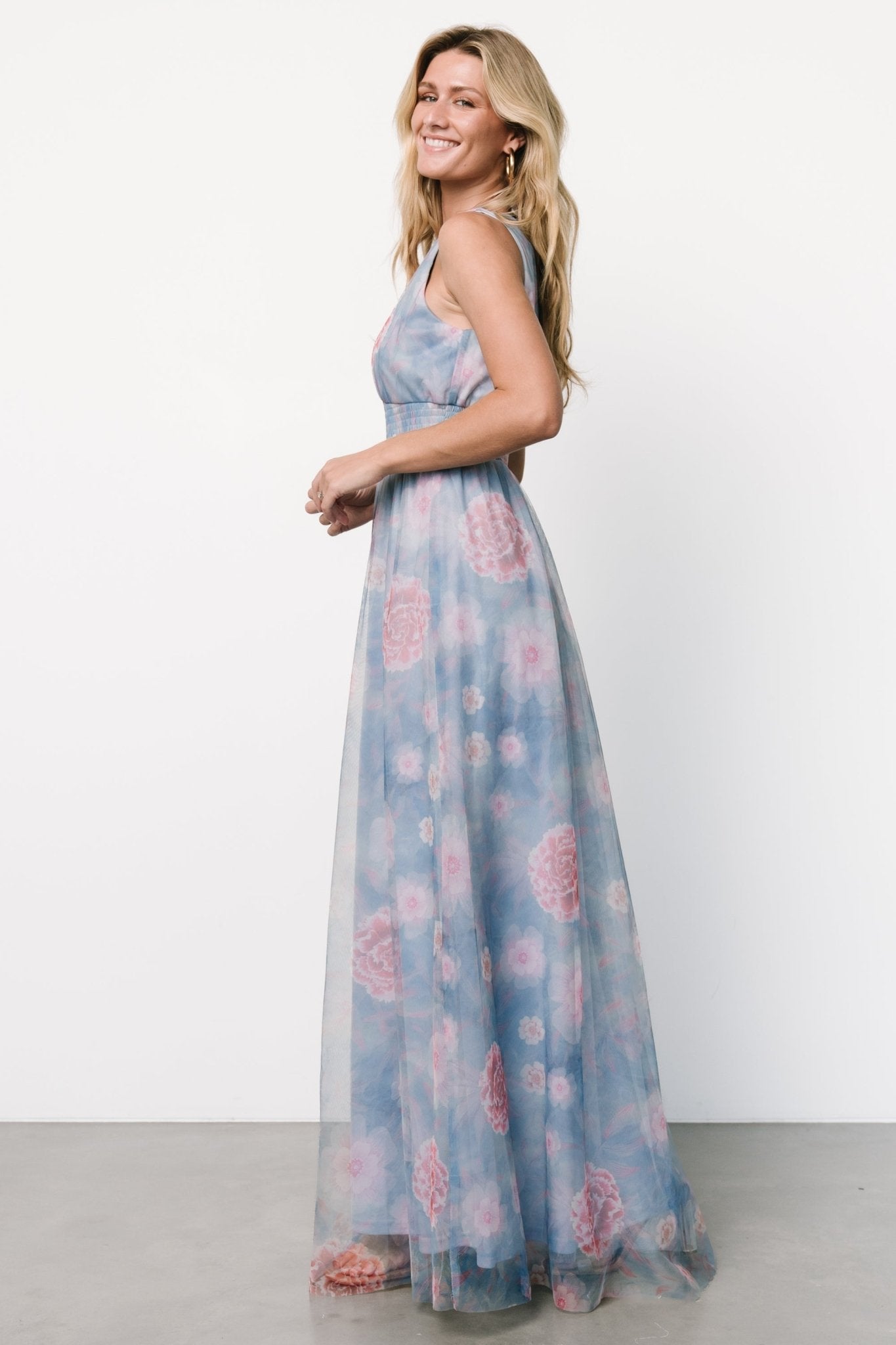 Kamila Tulle Maxi Dress | Light Blue + Pink Floral Buy Cheap Best Wholesale