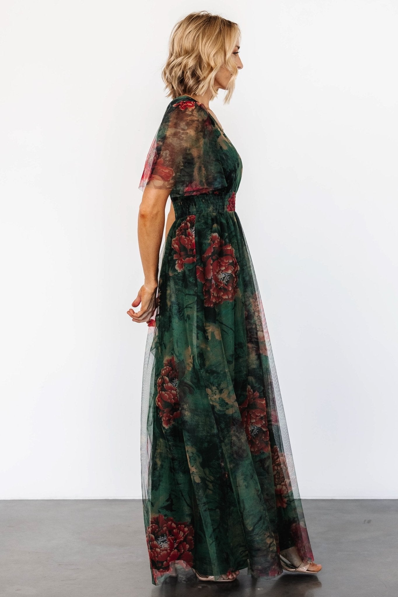 Cressida Tulle Maxi Dress | Dark Green + Red Floral Affordable Online