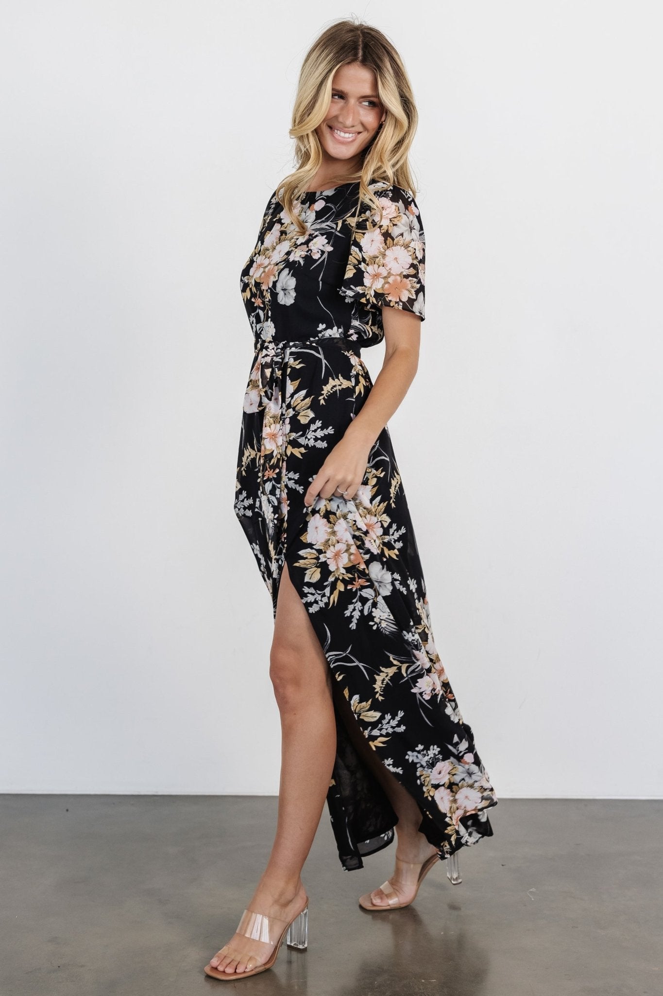 Naomi Short Sleeve Maxi Dress | Black Floral Store Sale Online