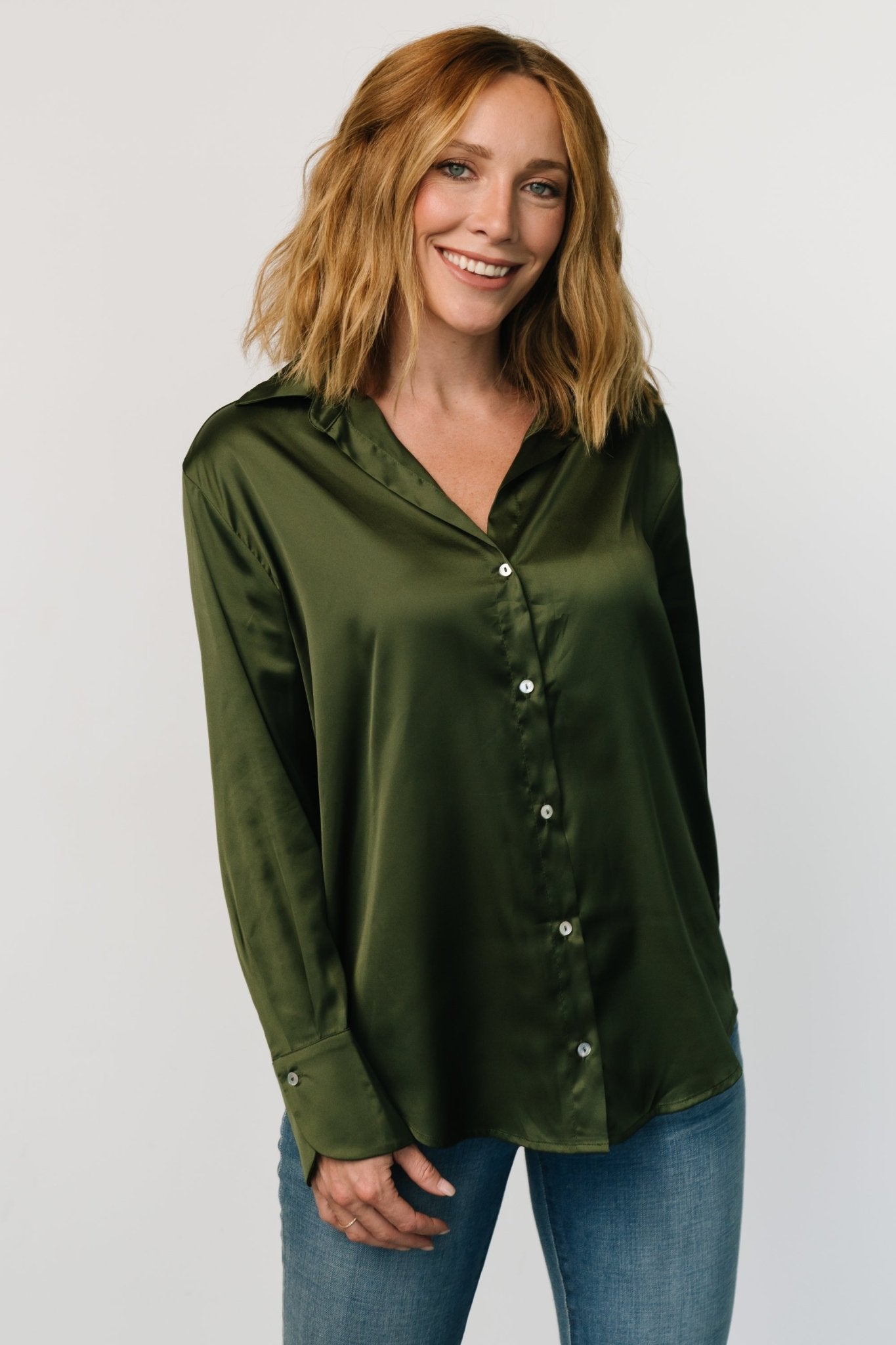 Kacey Satin Button Up Top | Dark Green Fast Delivery For Sale