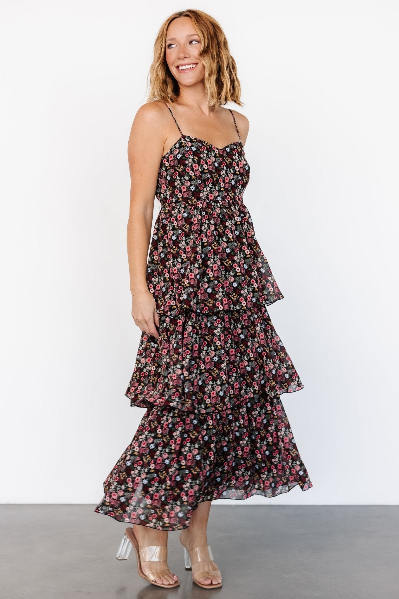 Caprice Tiered Dress | Black Floral Marketable For Sale