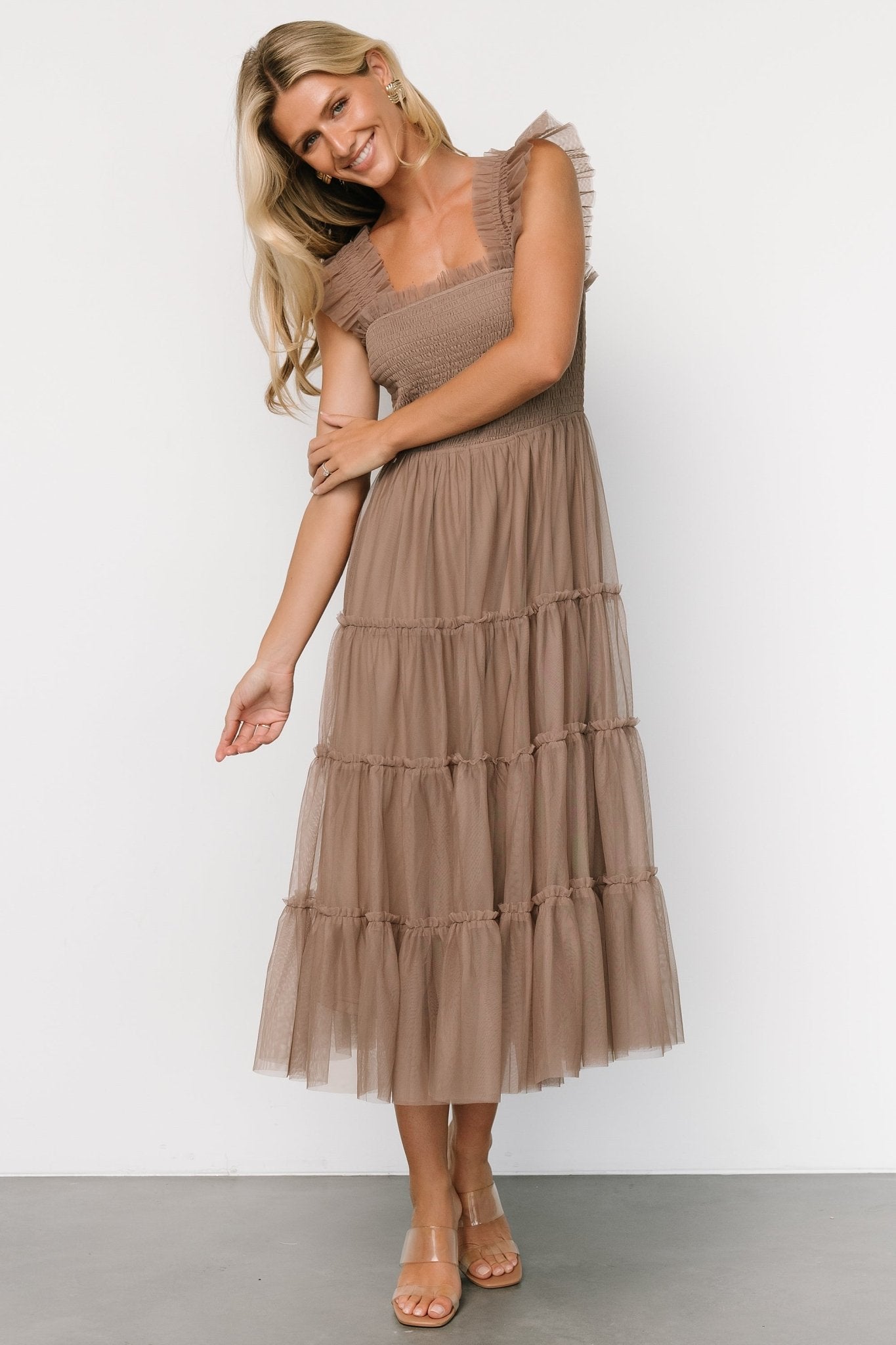 Emma Smocked Tulle Dress | Taupe Sale Low Shipping Fee