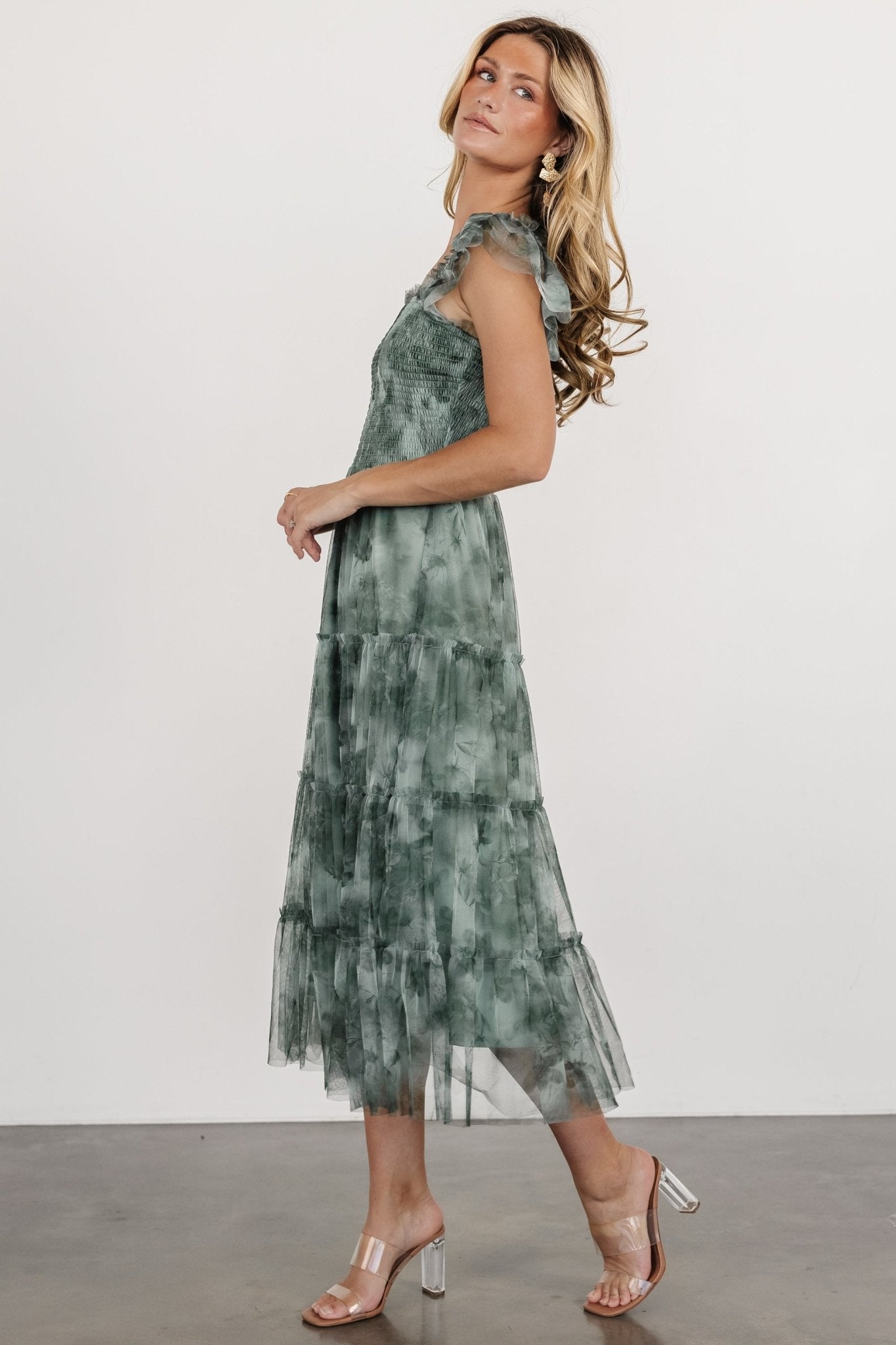 Clementine Tulle Midi Dress | Dusty Green Print Cheap Pice Wholesale Pice