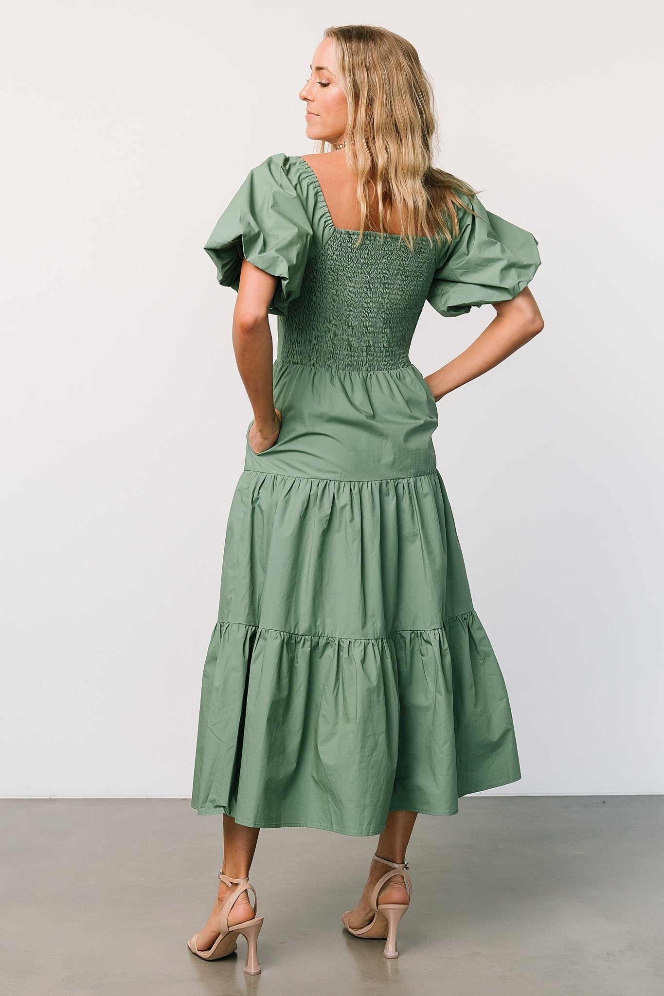 Cindy Puff Sleeve Tiered Dress | Dusty Green Genuine Cheap Pice