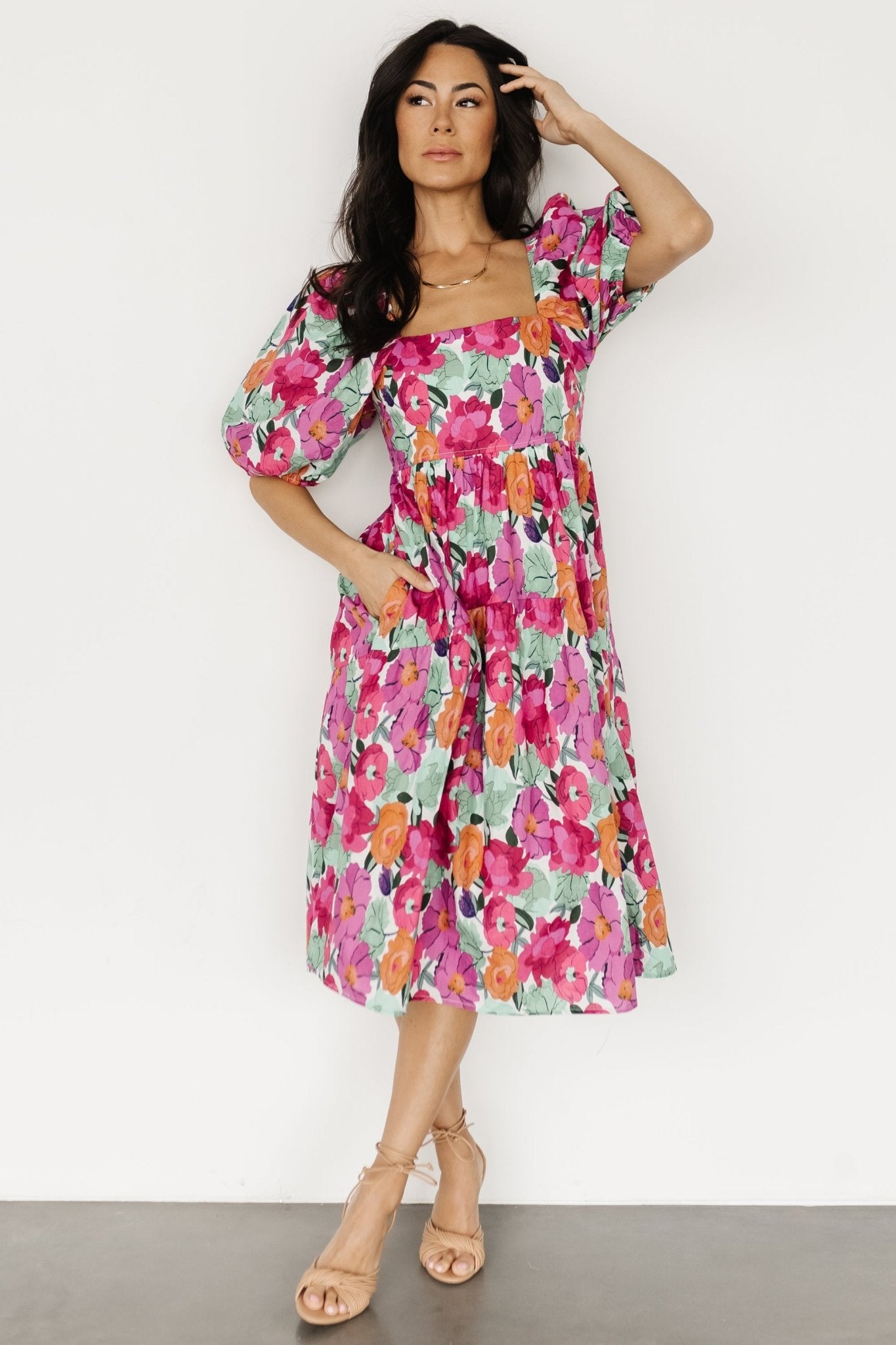 Aimee Puff Sleeve Midi Dress | Pink Multi Cheap Browse