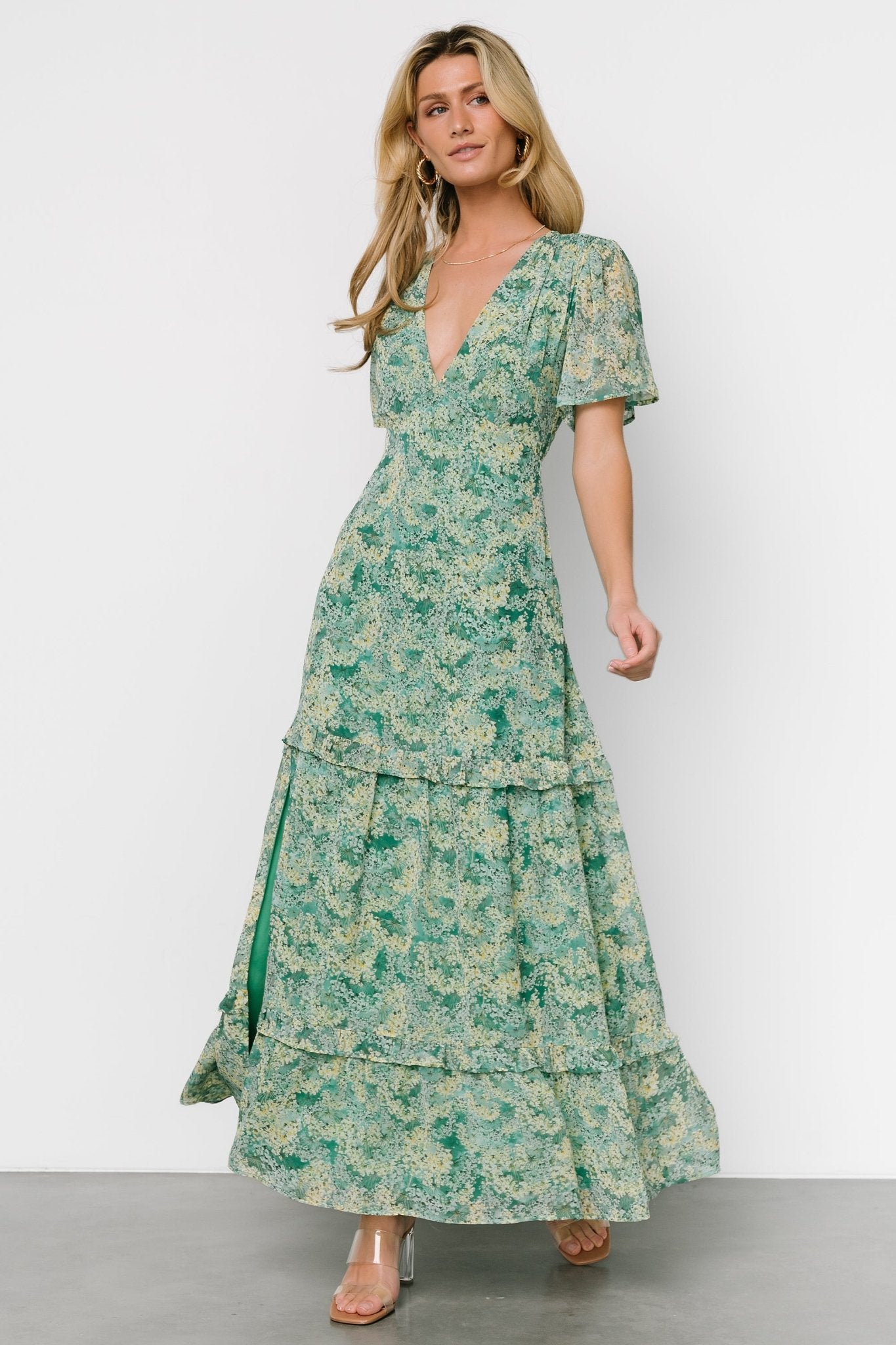 Audrey Deep V Maxi Dress | Green Floral Outlet Buy