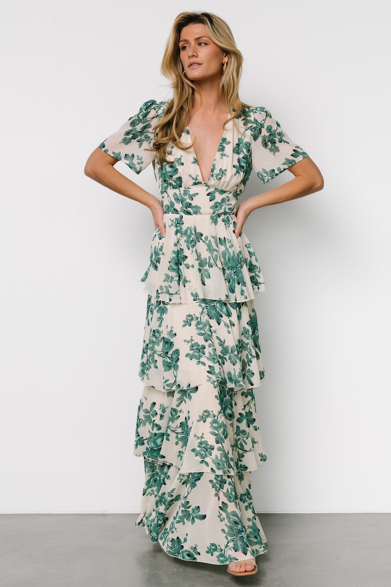 Montaigne Ruffle Maxi Dress | Ivory + Green Floral Cost For Sale