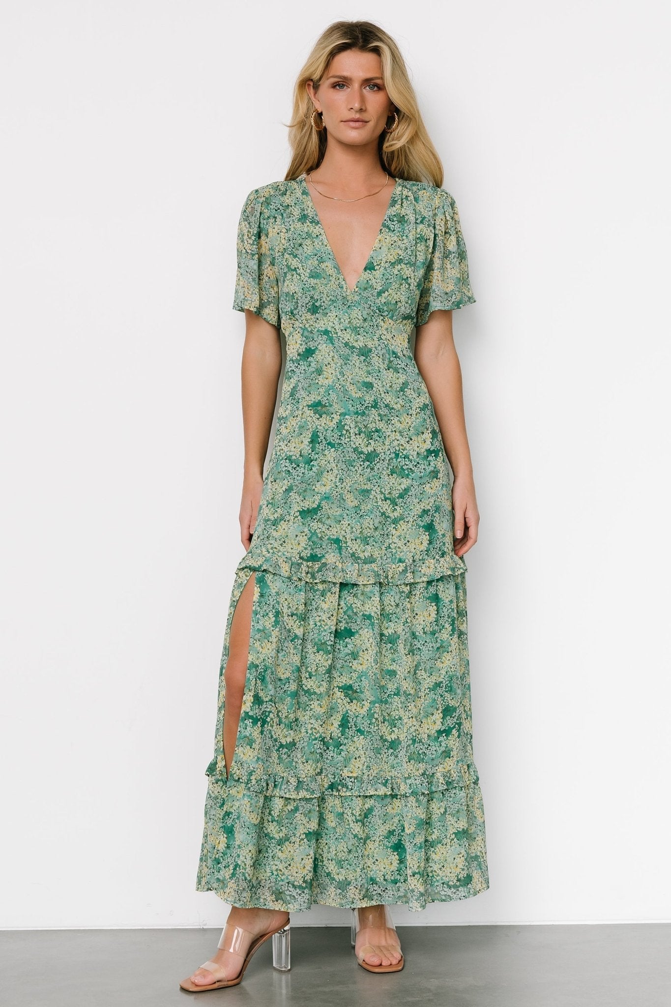 Audrey Deep V Maxi Dress | Green Floral Outlet Buy