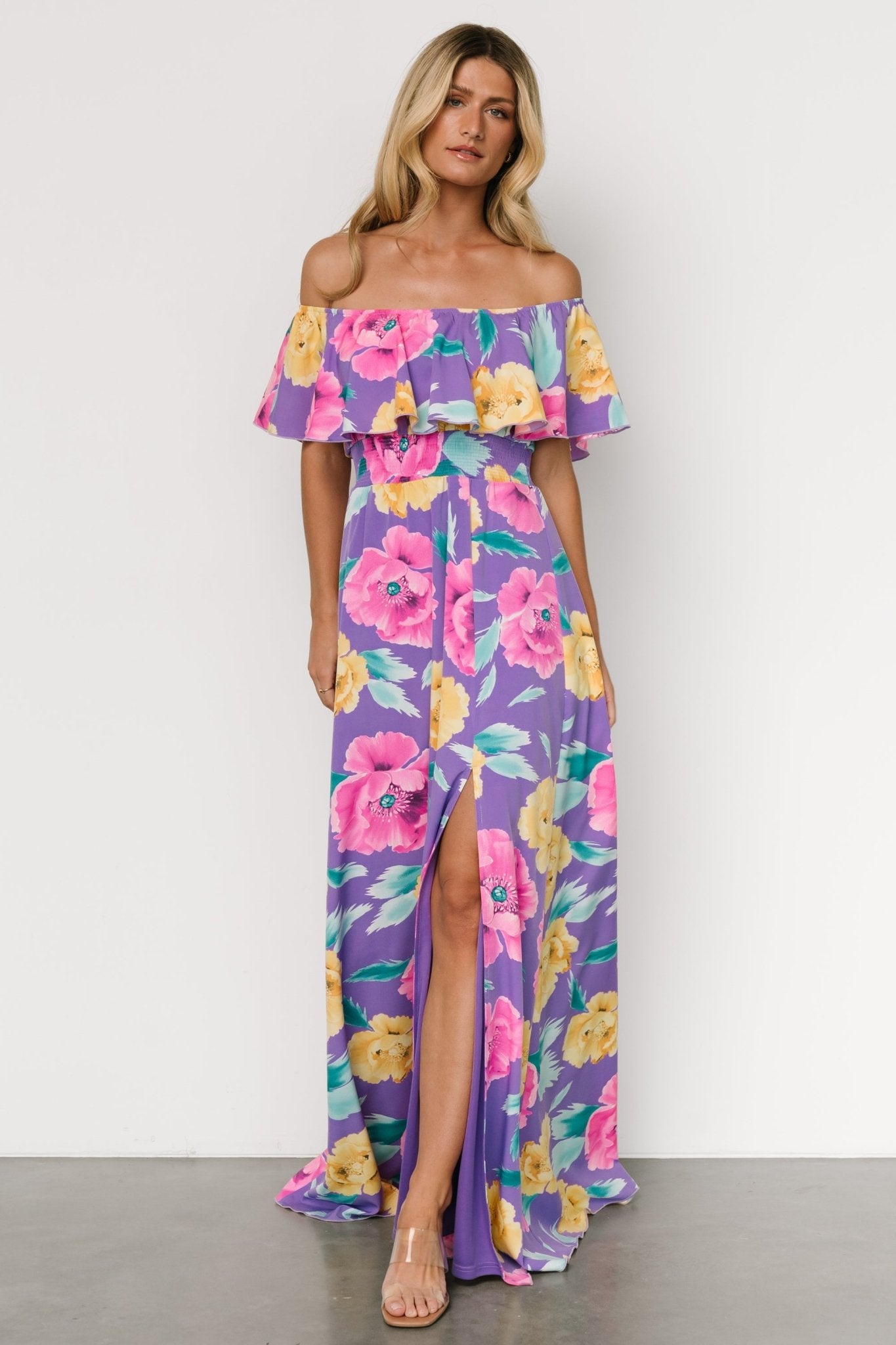 Talia Off Shoulder Maxi Dress | Purple Floral Deals Cheap Pice