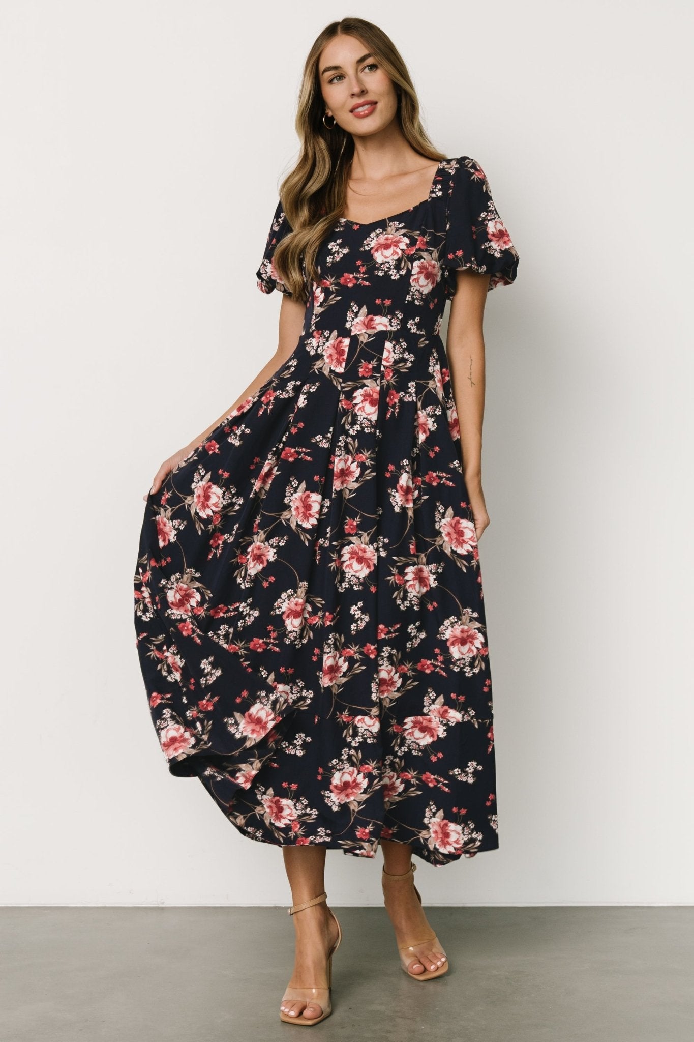 Greta Pleated Maxi Dress | Navy + Pink Floral Sale Purchase