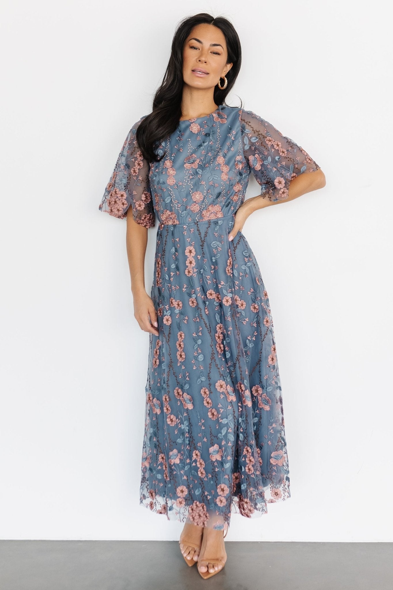 Arabella Embroidered Tulle Maxi Dress | Blue + Pink Wholesale Pice For Sale