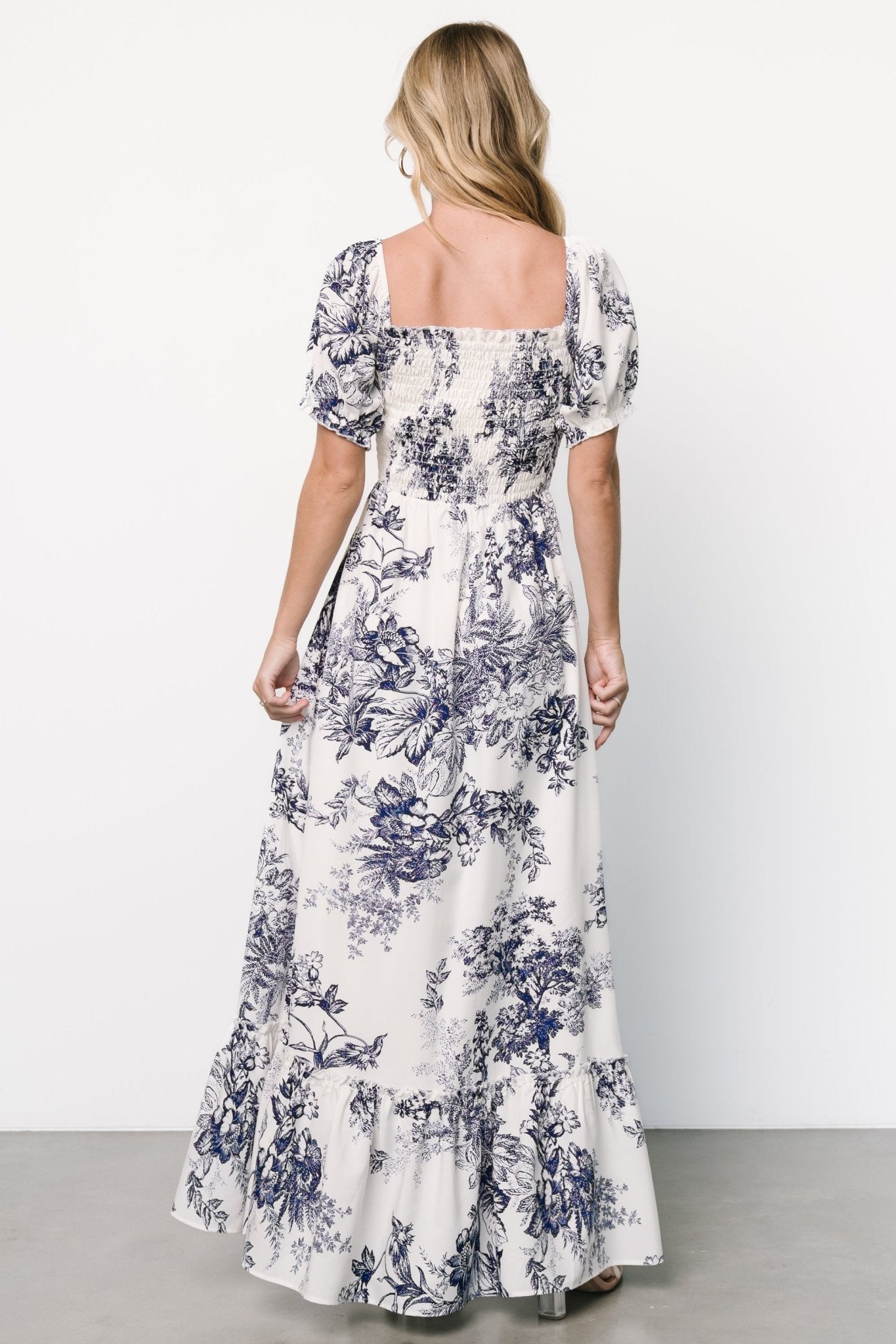 Capri Smocked Maxi Dress | Ivory + Blue Floral Buy Cheap 2025 Unisex