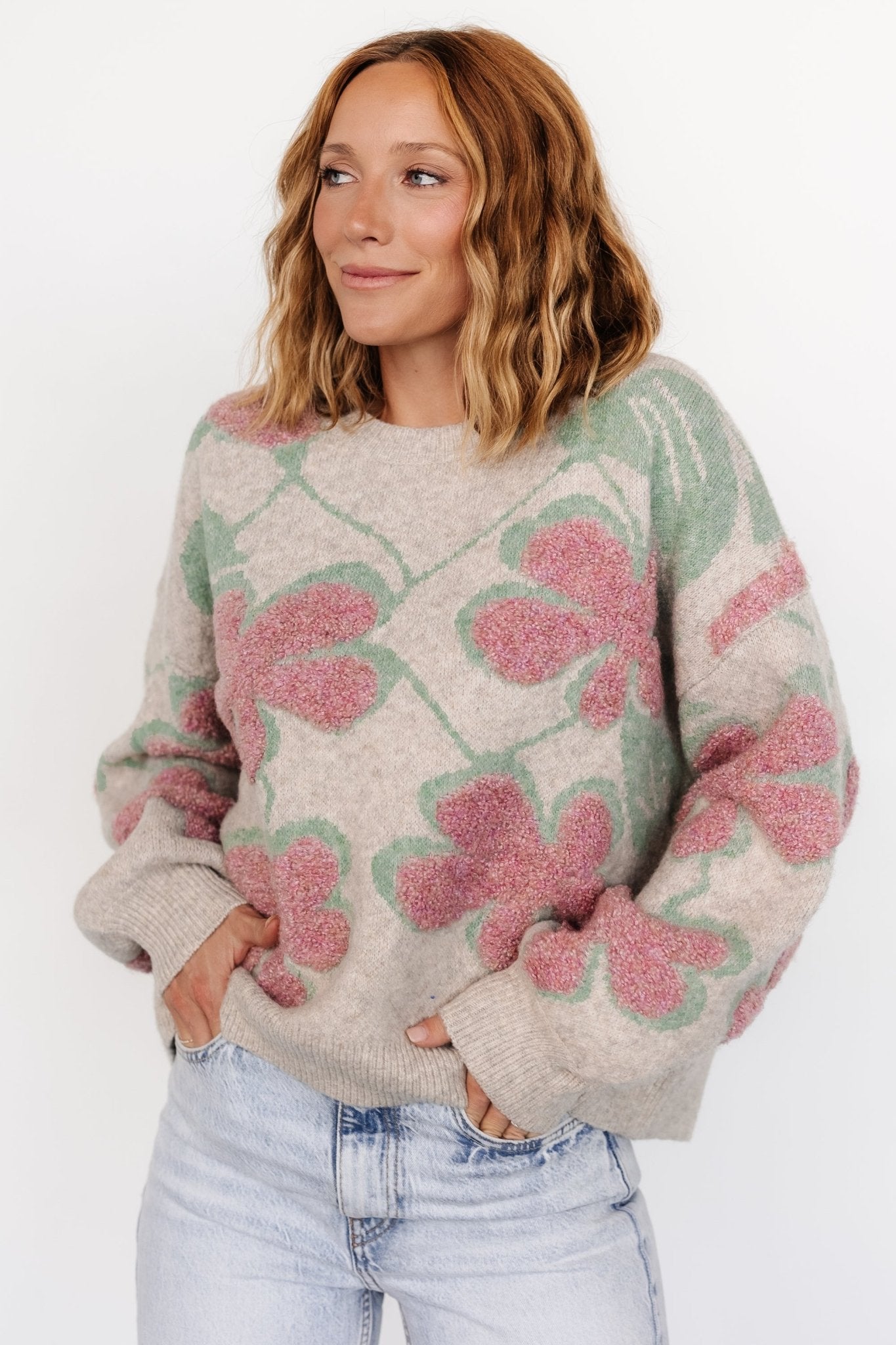 Lisbeth Flower Sweater | Green + Pink Shop For Sale