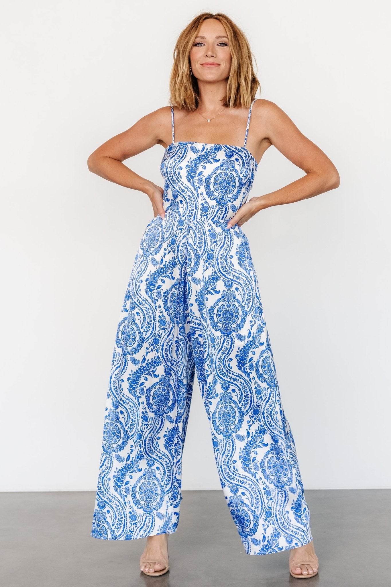 Evia Jumpsuit | Blue + White Print Cheap Manchester Great Sale